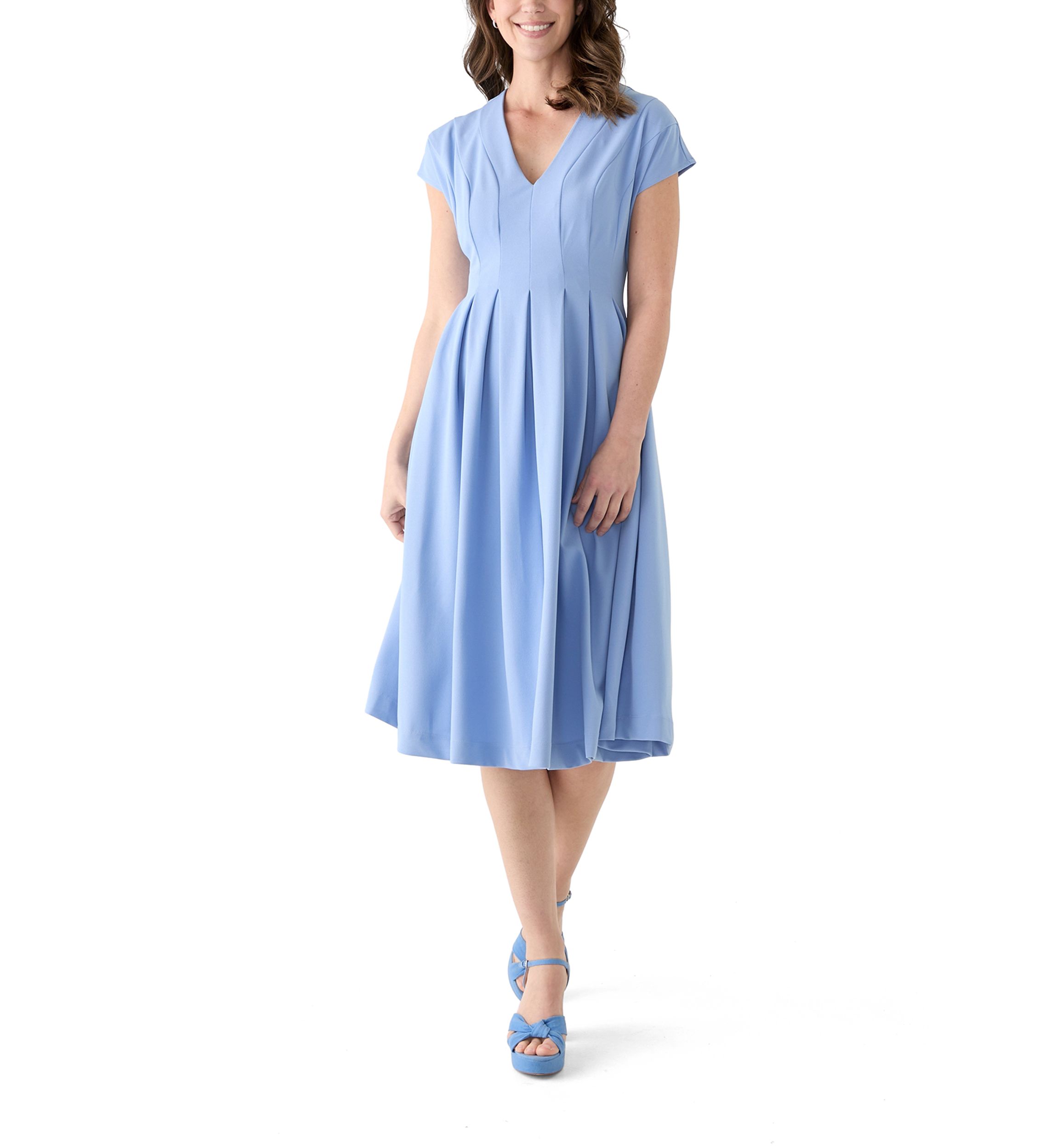 Womens Short Sleeve V-Neck Solid A-Line Dress