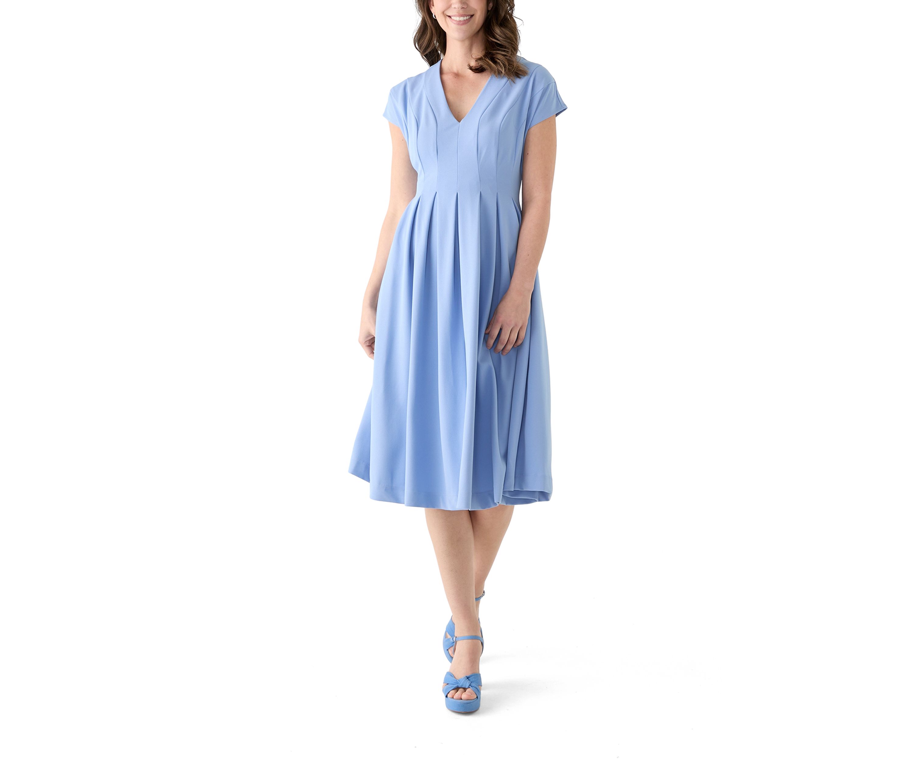 Womens Short Sleeve V-Neck Solid A-Line Dress