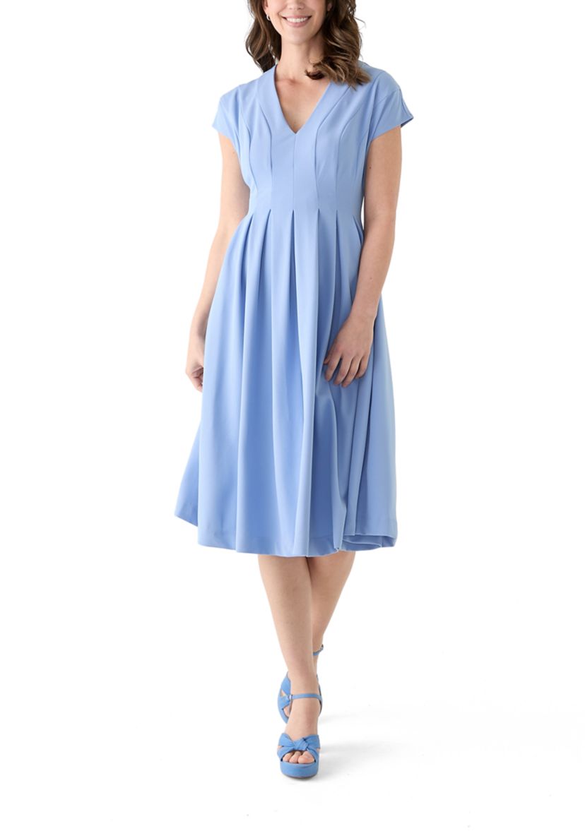 Womens Short Sleeve V-Neck Solid A-Line Dress