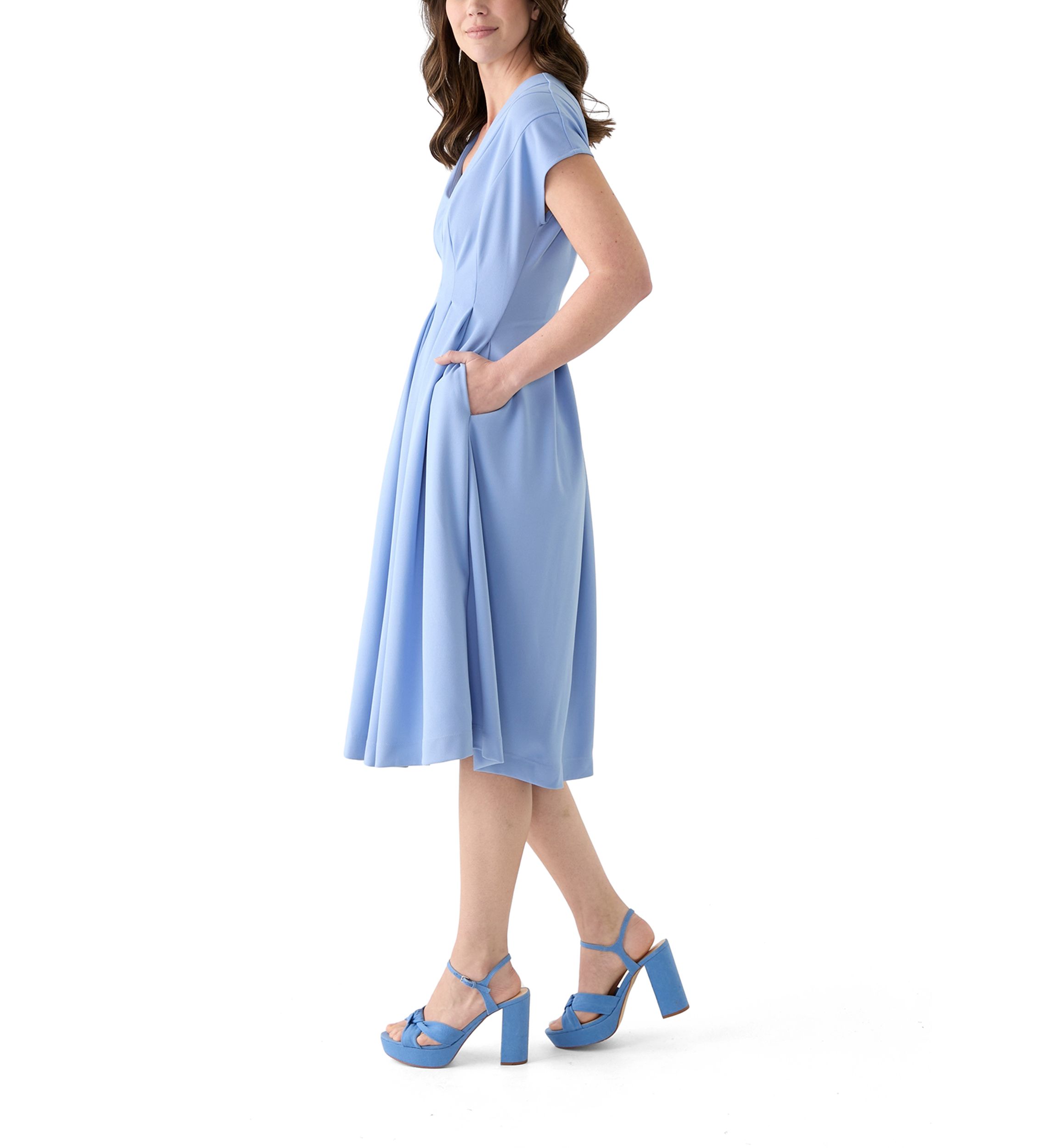 Womens Short Sleeve V-Neck Solid A-Line Dress
