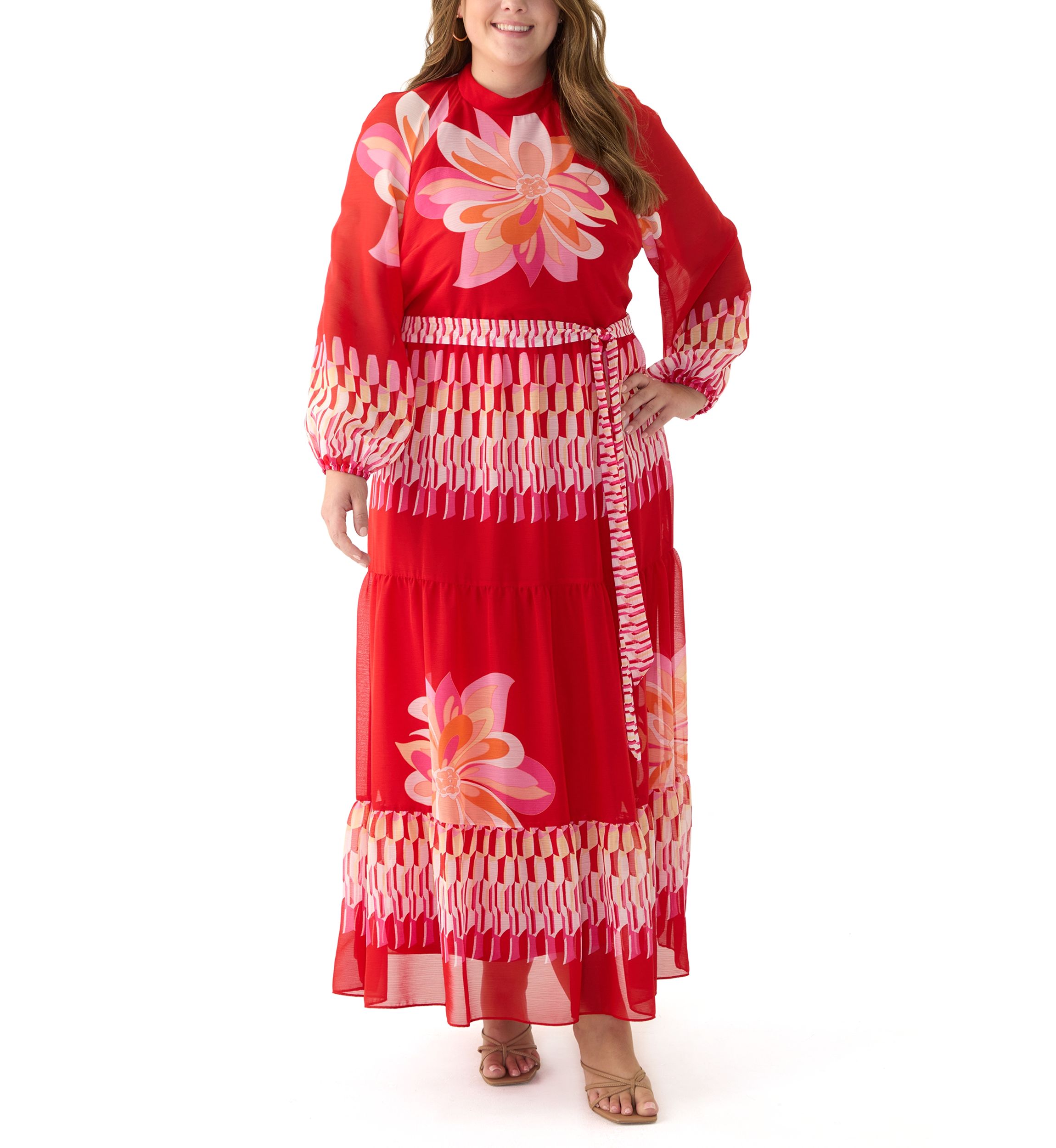 Plus Size Long Sleeve Mock Neck Tie Waist Printed Maxi Dress
