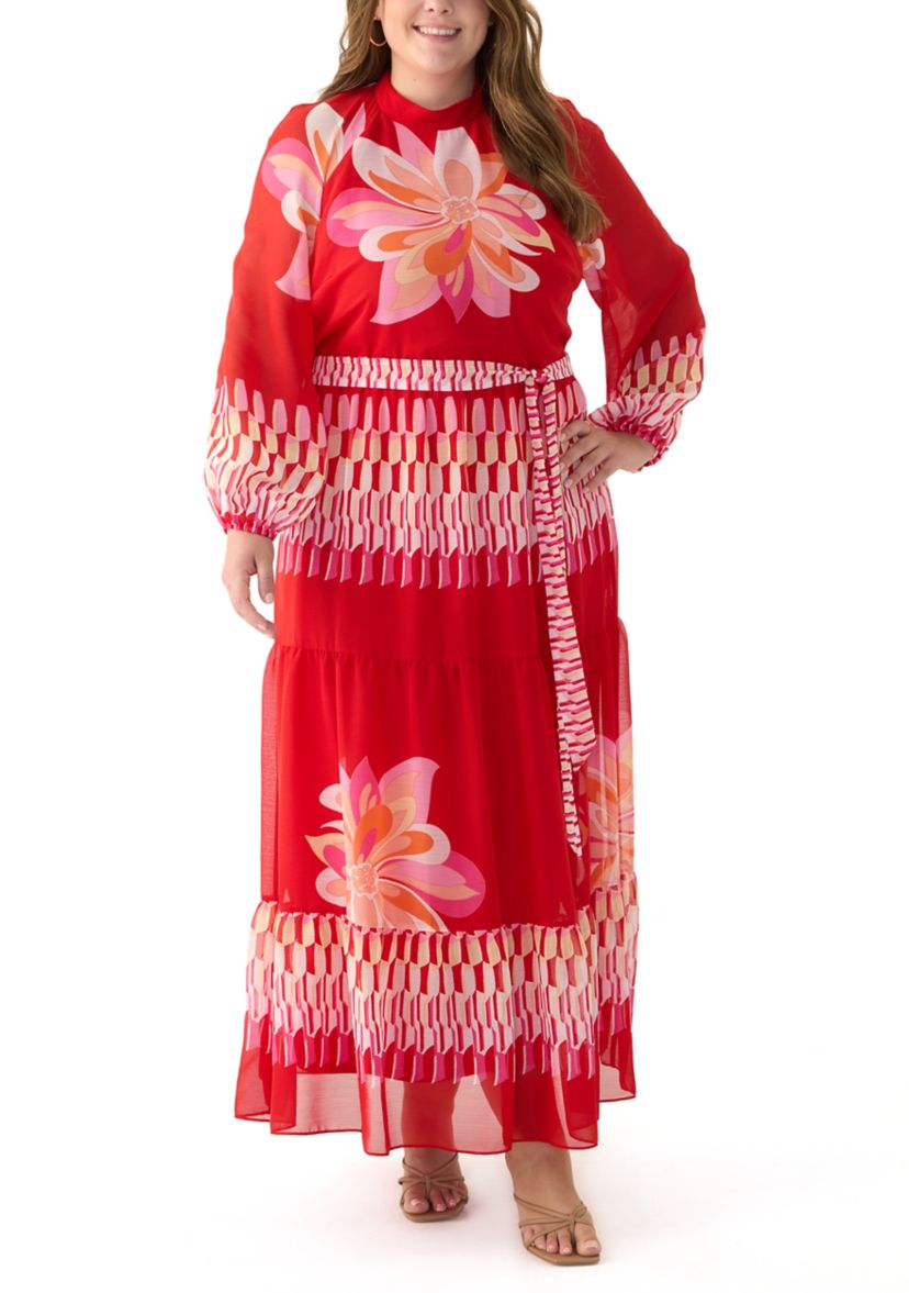 Plus Size Long Sleeve Mock Neck Tie Waist Printed Maxi Dress