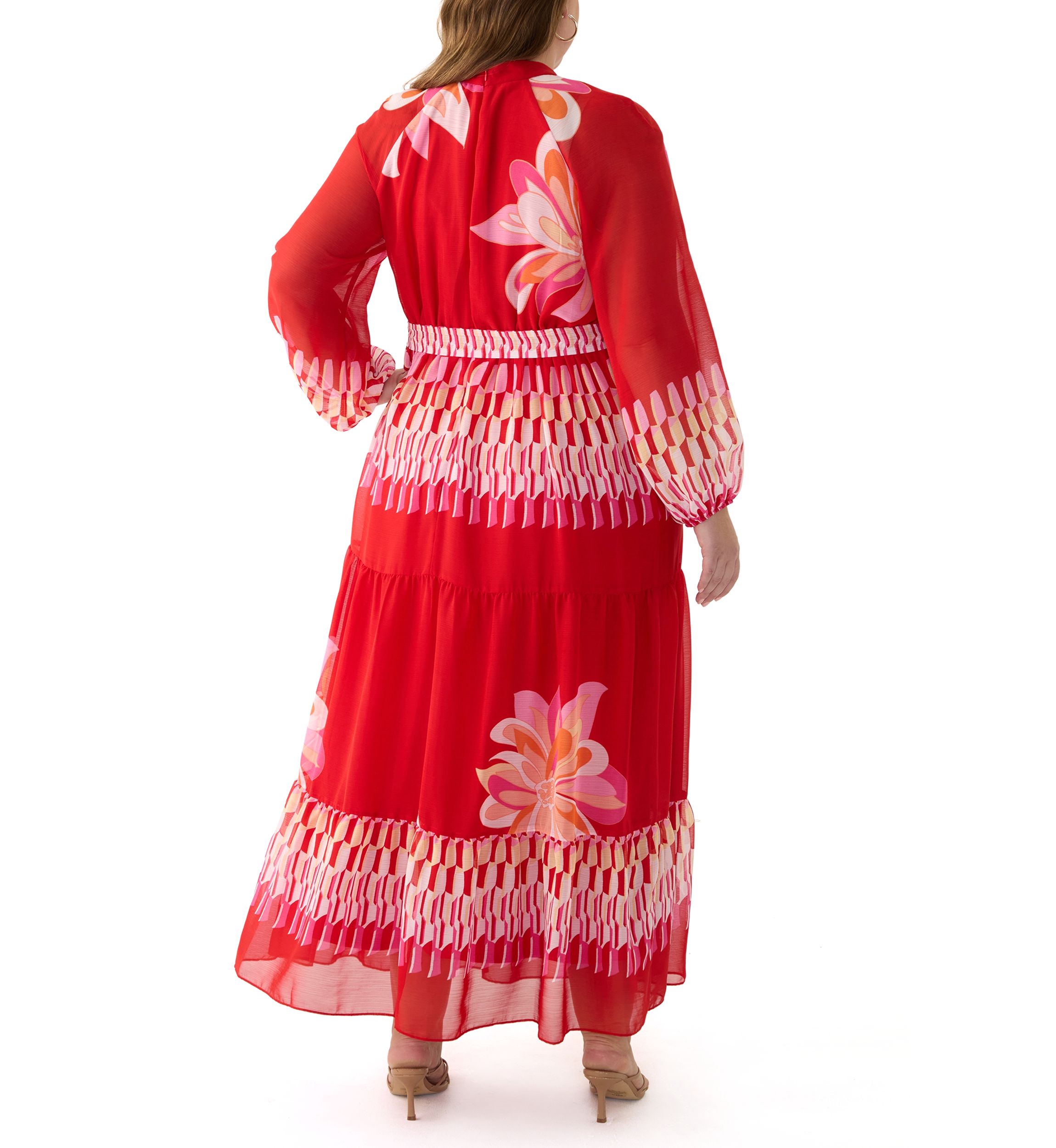 Plus Size Long Sleeve Mock Neck Tie Waist Printed Maxi Dress