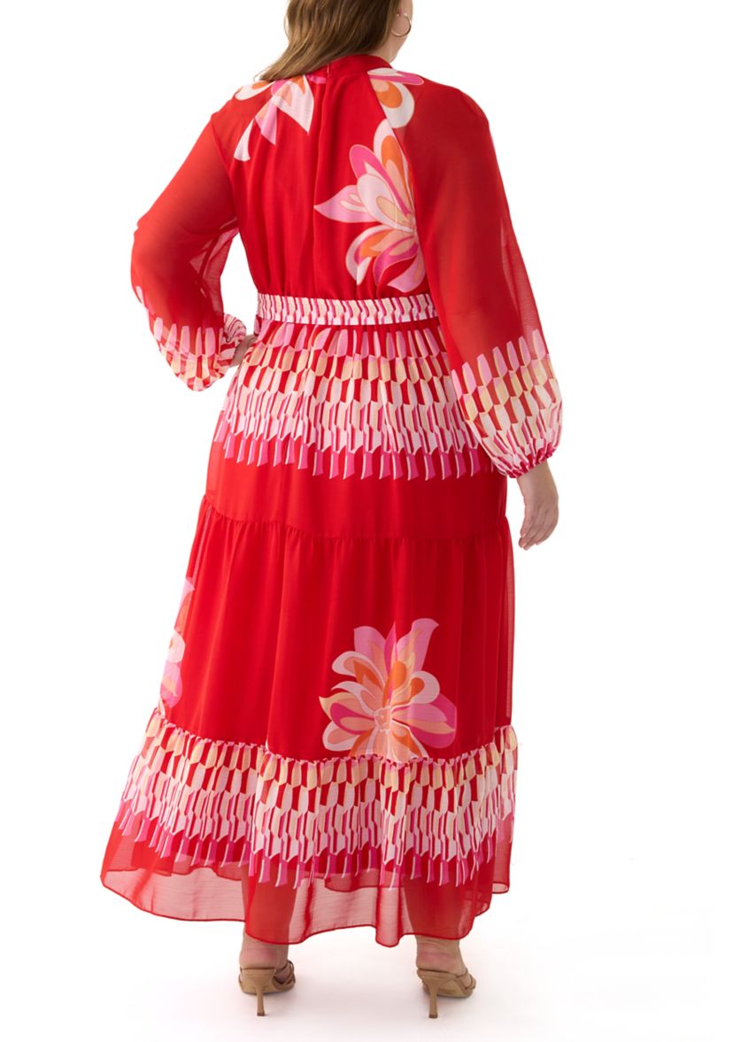 Plus Size Long Sleeve Mock Neck Tie Waist Printed Maxi Dress