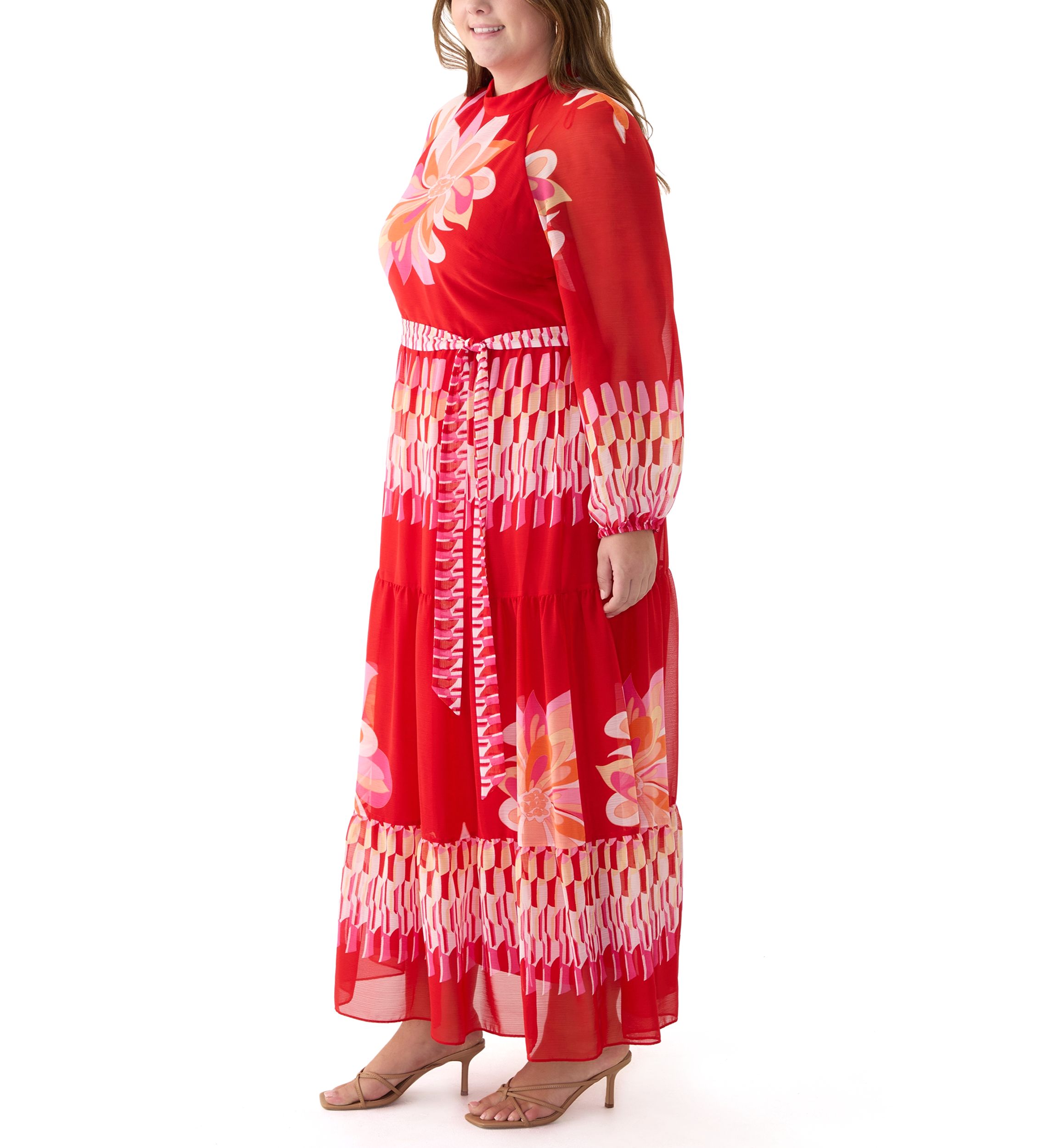 Plus Size Long Sleeve Mock Neck Tie Waist Printed Maxi Dress