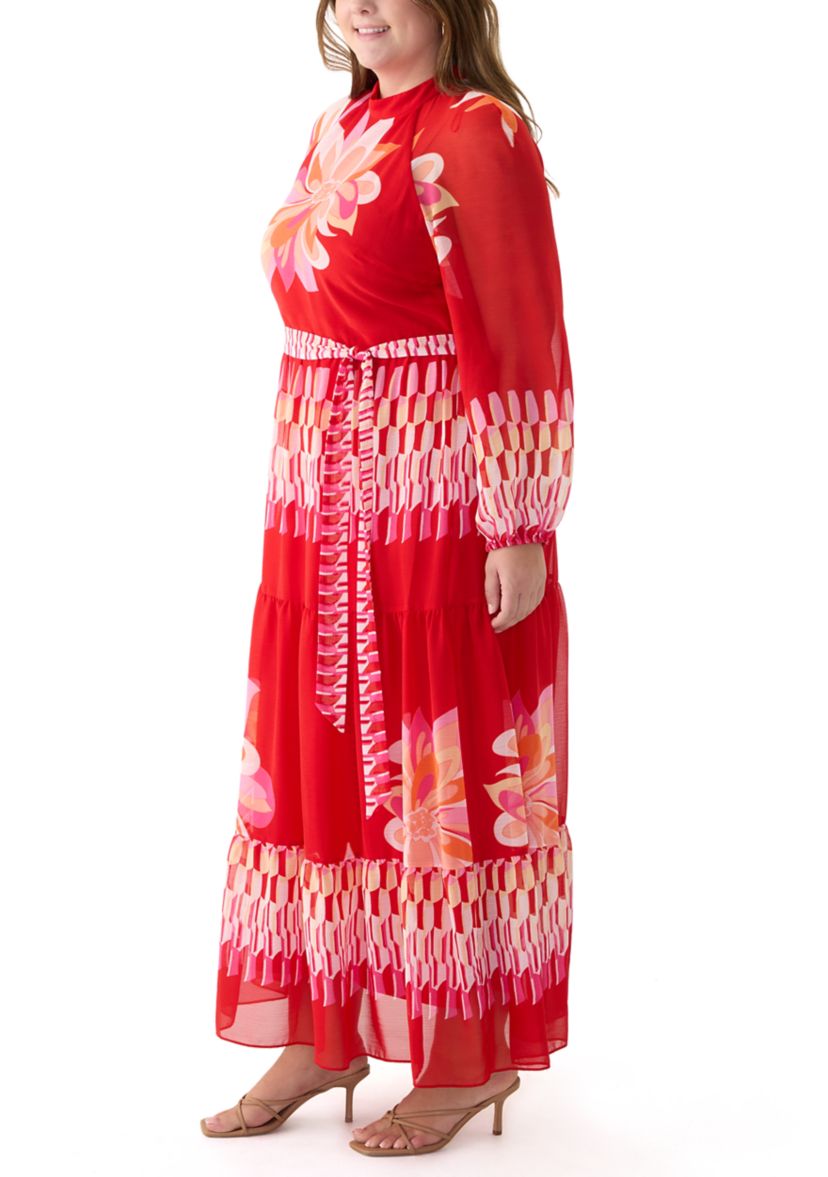 Plus Size Long Sleeve Mock Neck Tie Waist Printed Maxi Dress
