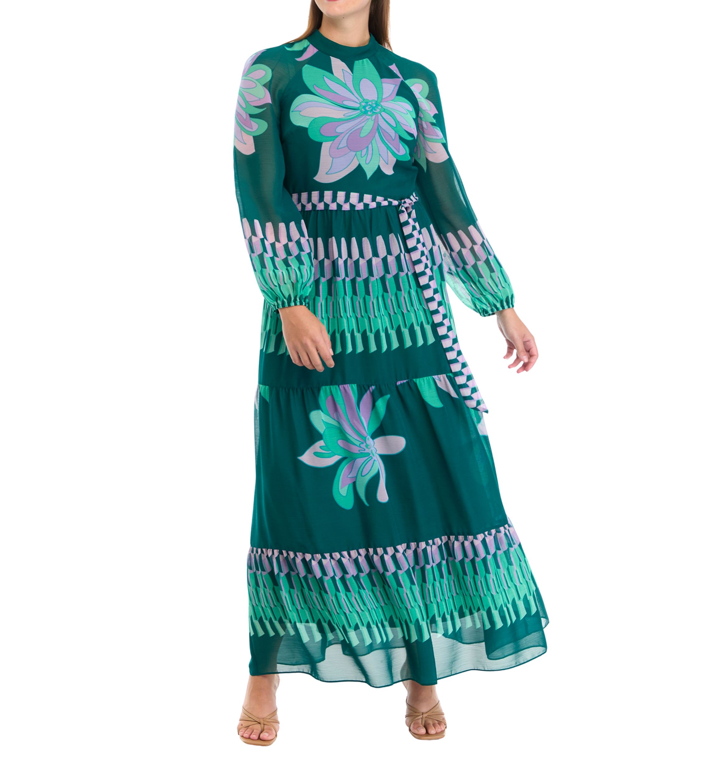 Womens Mock Neck Printed Chiffon Fit and Flare Dress