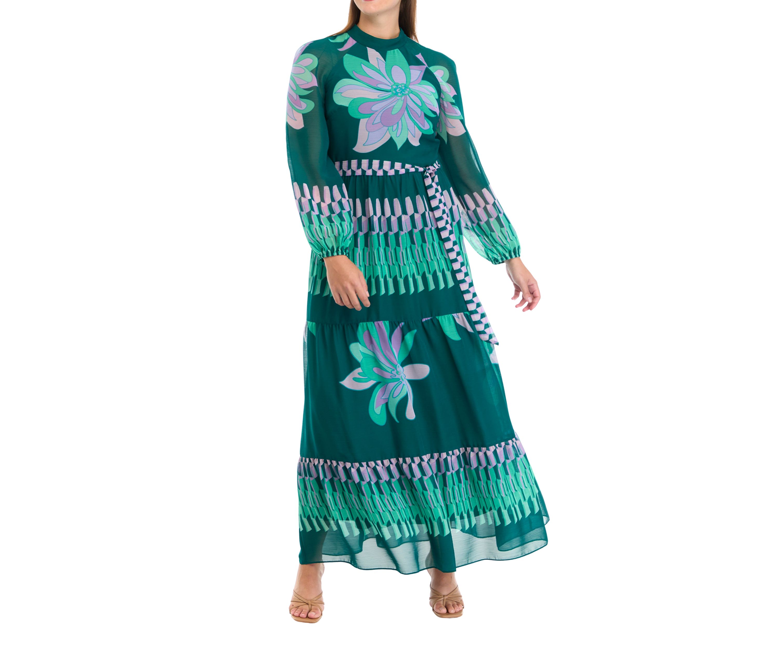 Womens Mock Neck Printed Chiffon Fit and Flare Dress