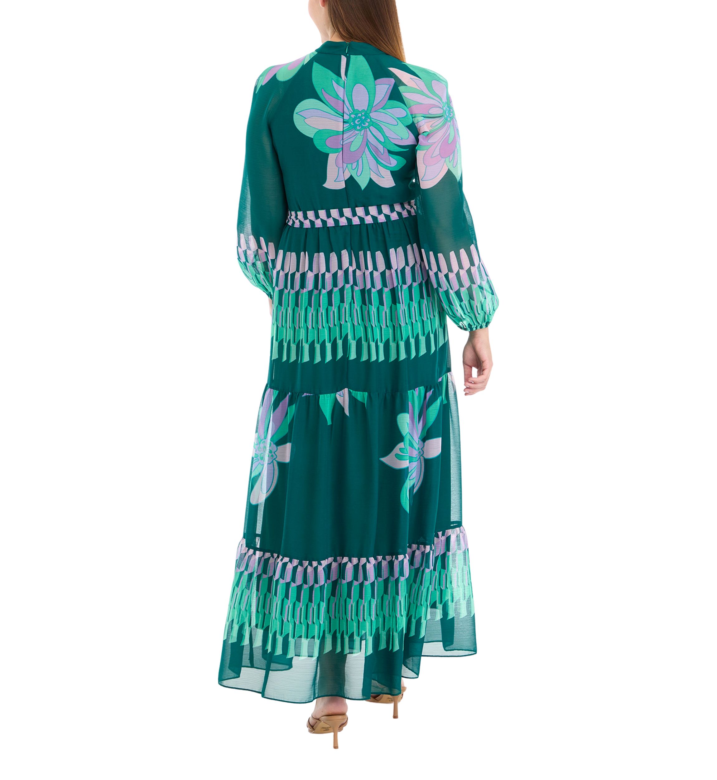 Womens Mock Neck Printed Chiffon Fit and Flare Dress