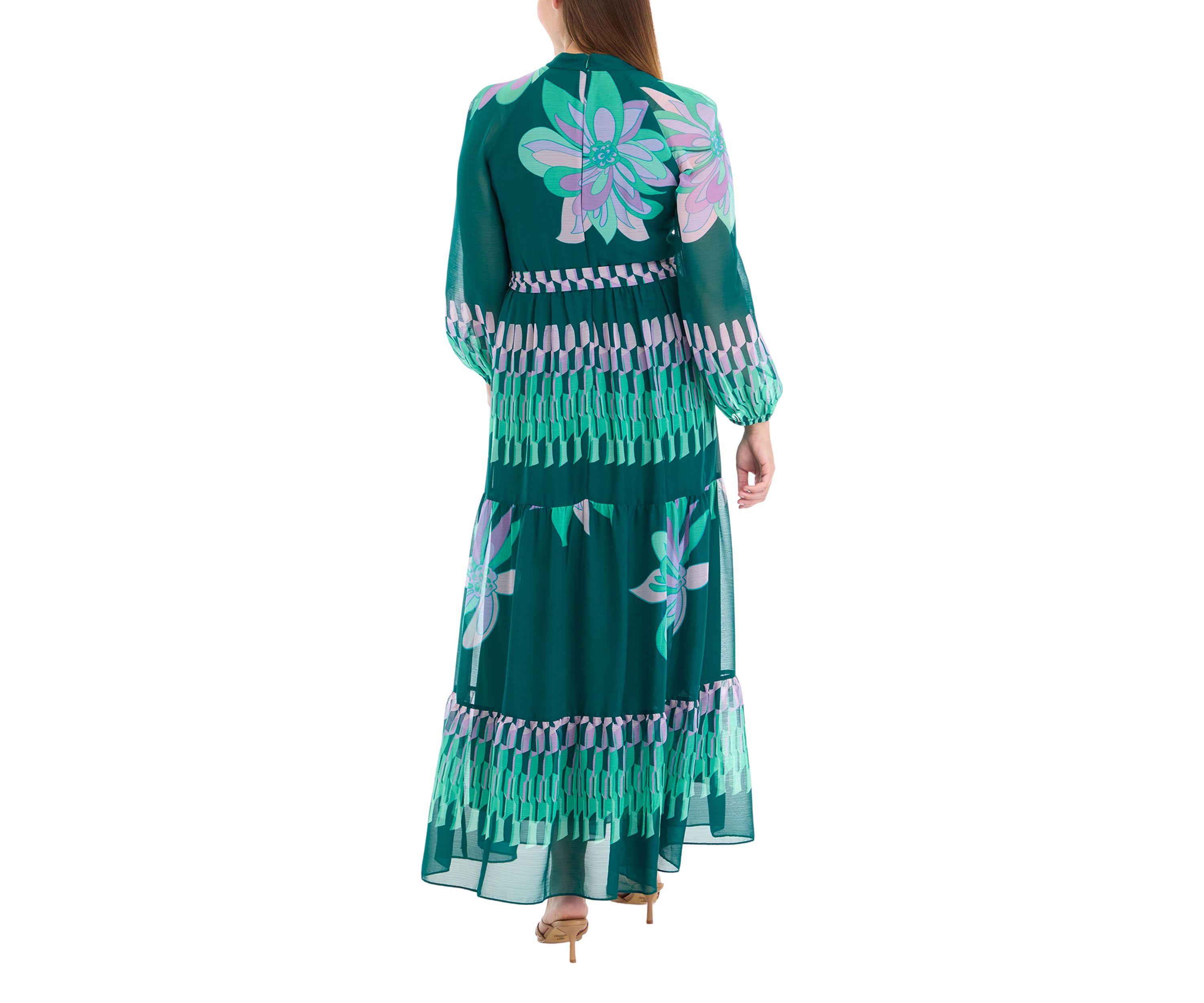 Womens Mock Neck Printed Chiffon Fit and Flare Dress