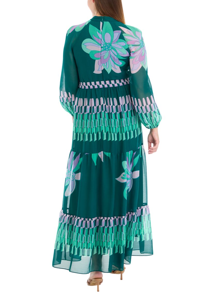 Womens Mock Neck Printed Chiffon Fit and Flare Dress