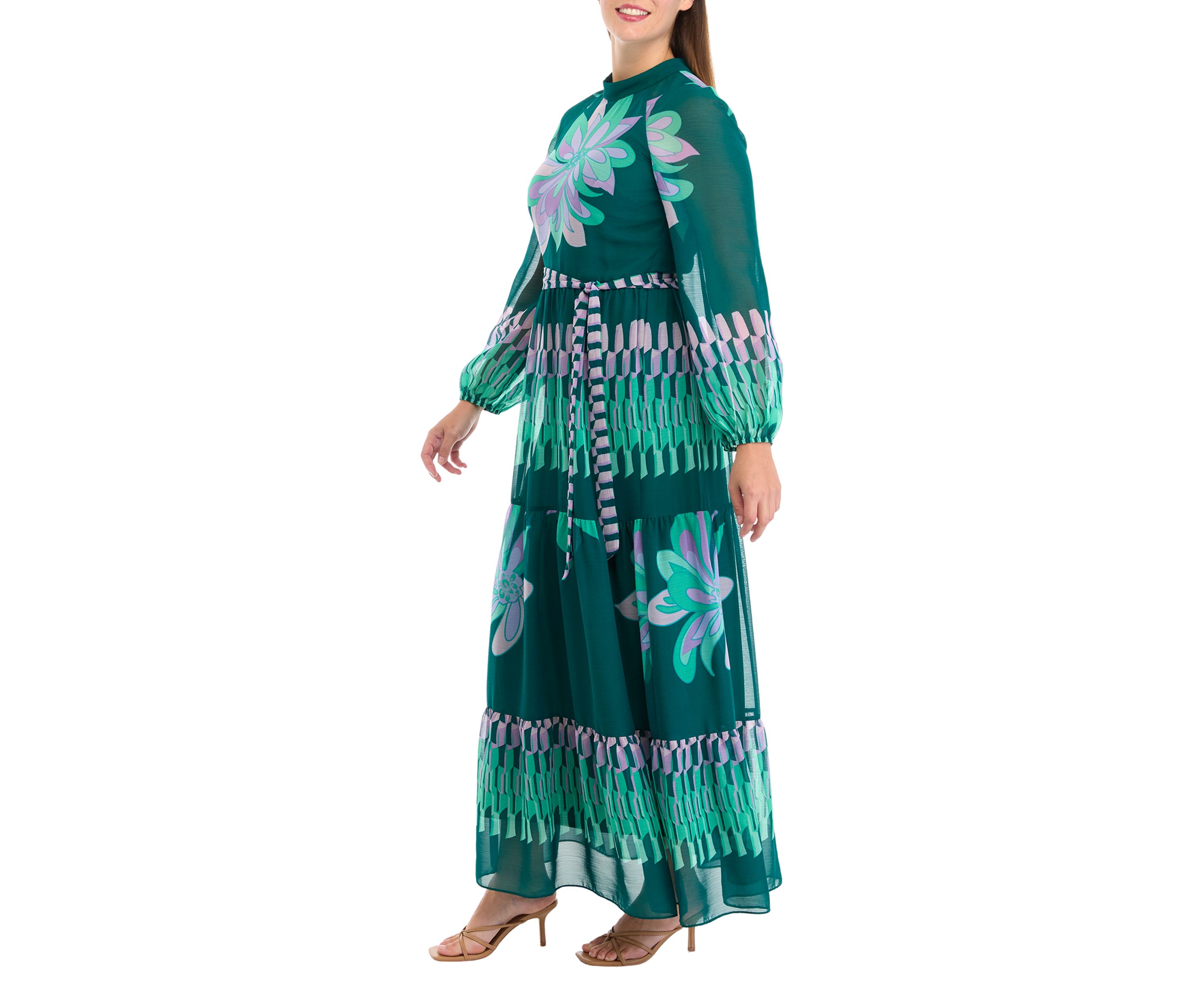 Womens Mock Neck Printed Chiffon Fit and Flare Dress