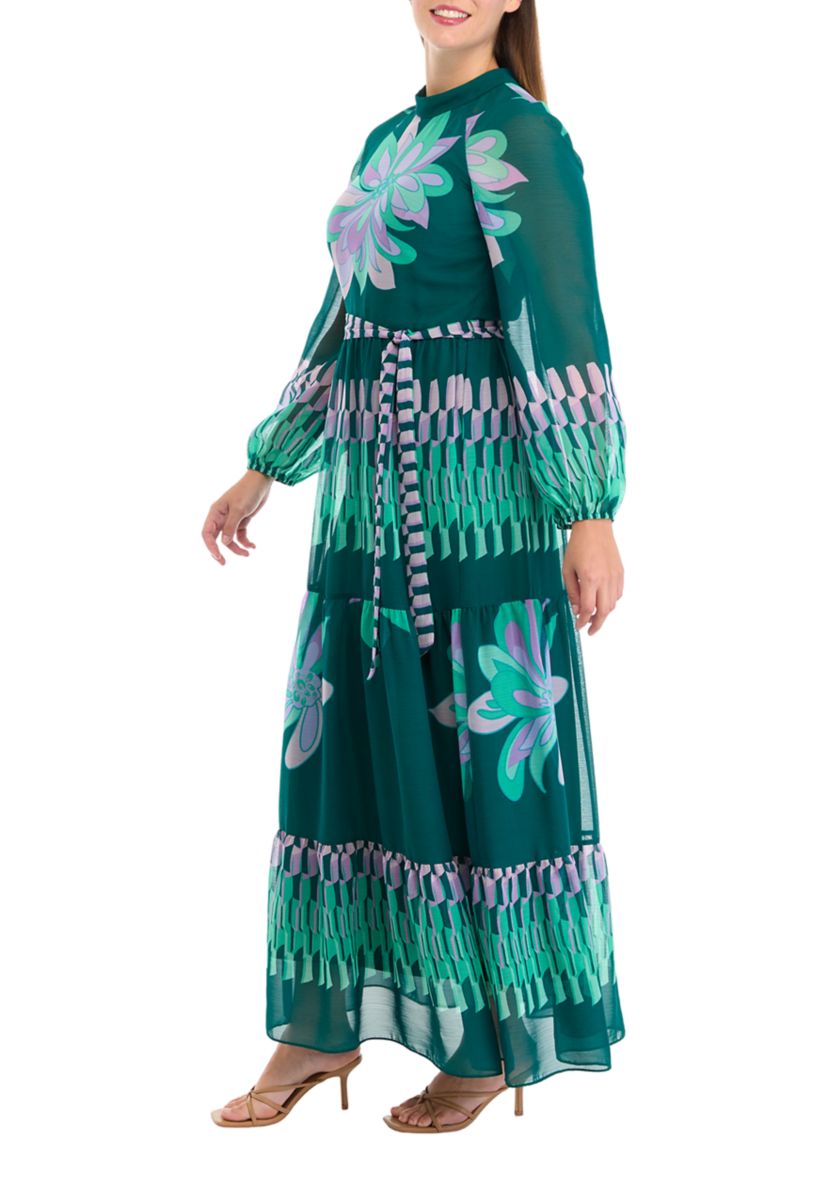 Womens Mock Neck Printed Chiffon Fit and Flare Dress