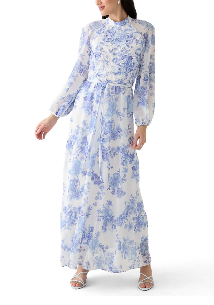 Womens Long Sleeve Mock Neck Floral Maxi Dress