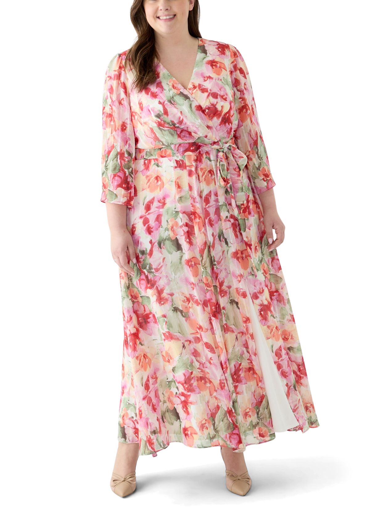 Plus Size Long Sleeve Printed Chiffon Dress