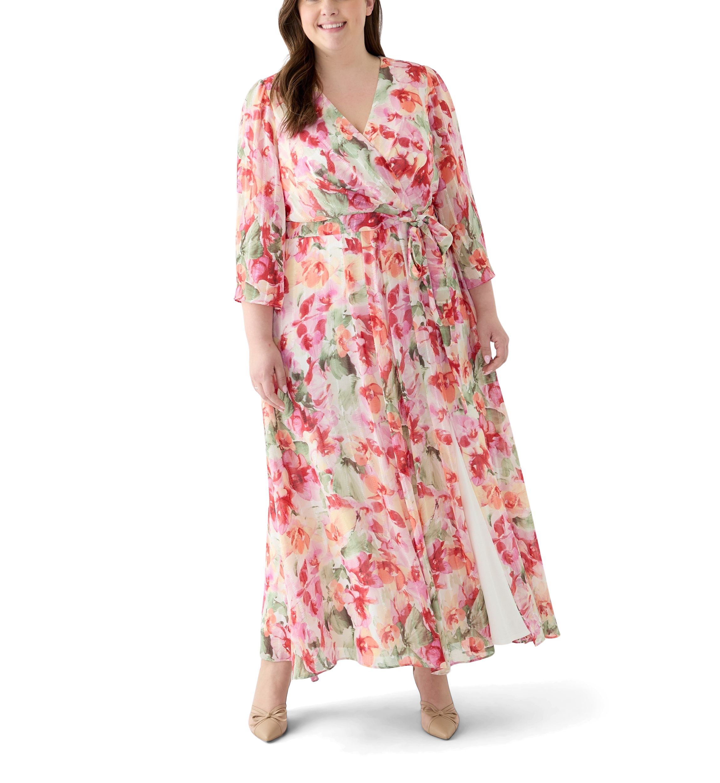 Plus Size Long Sleeve Printed Chiffon Dress