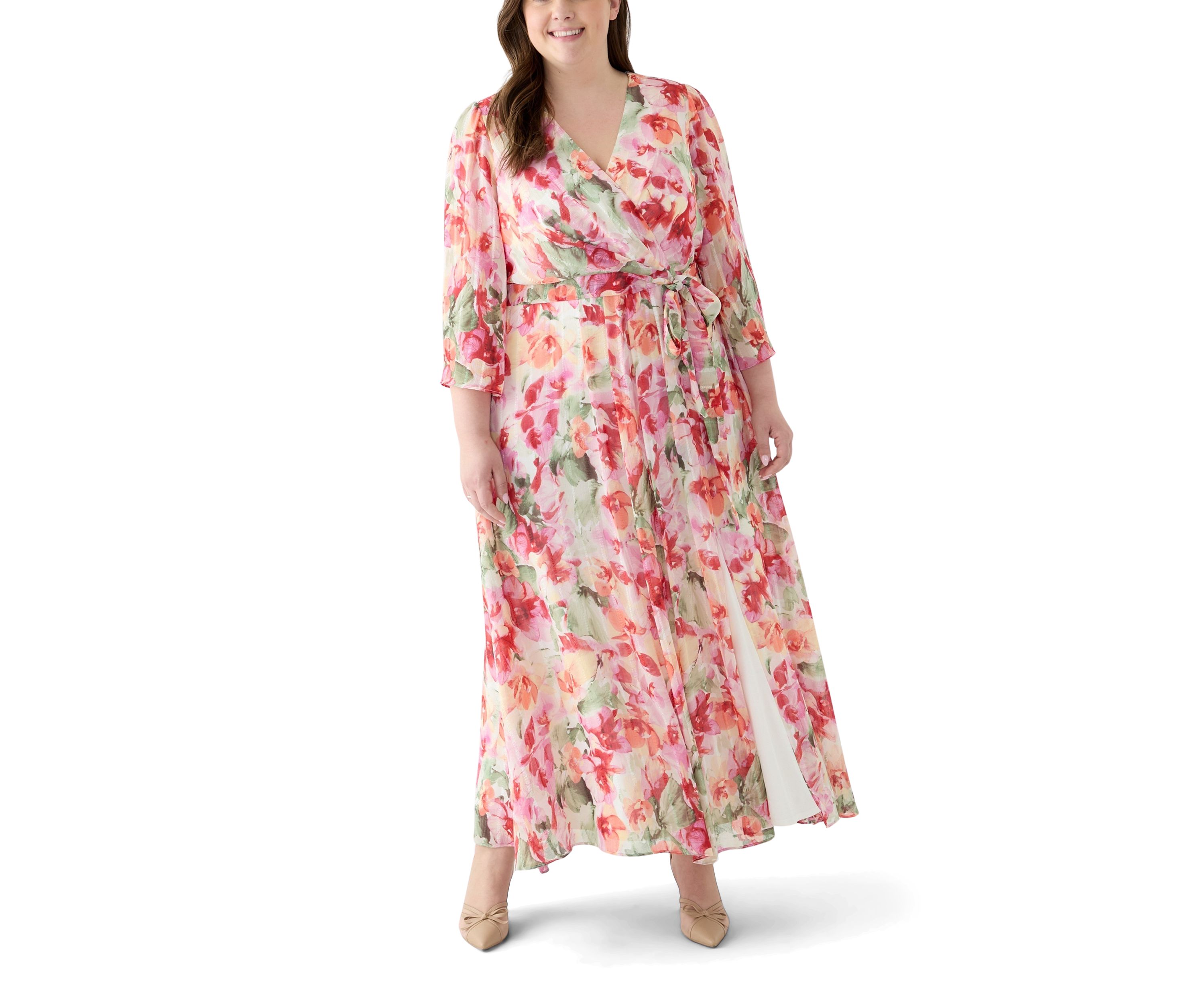 Plus Size Long Sleeve Printed Chiffon Dress
