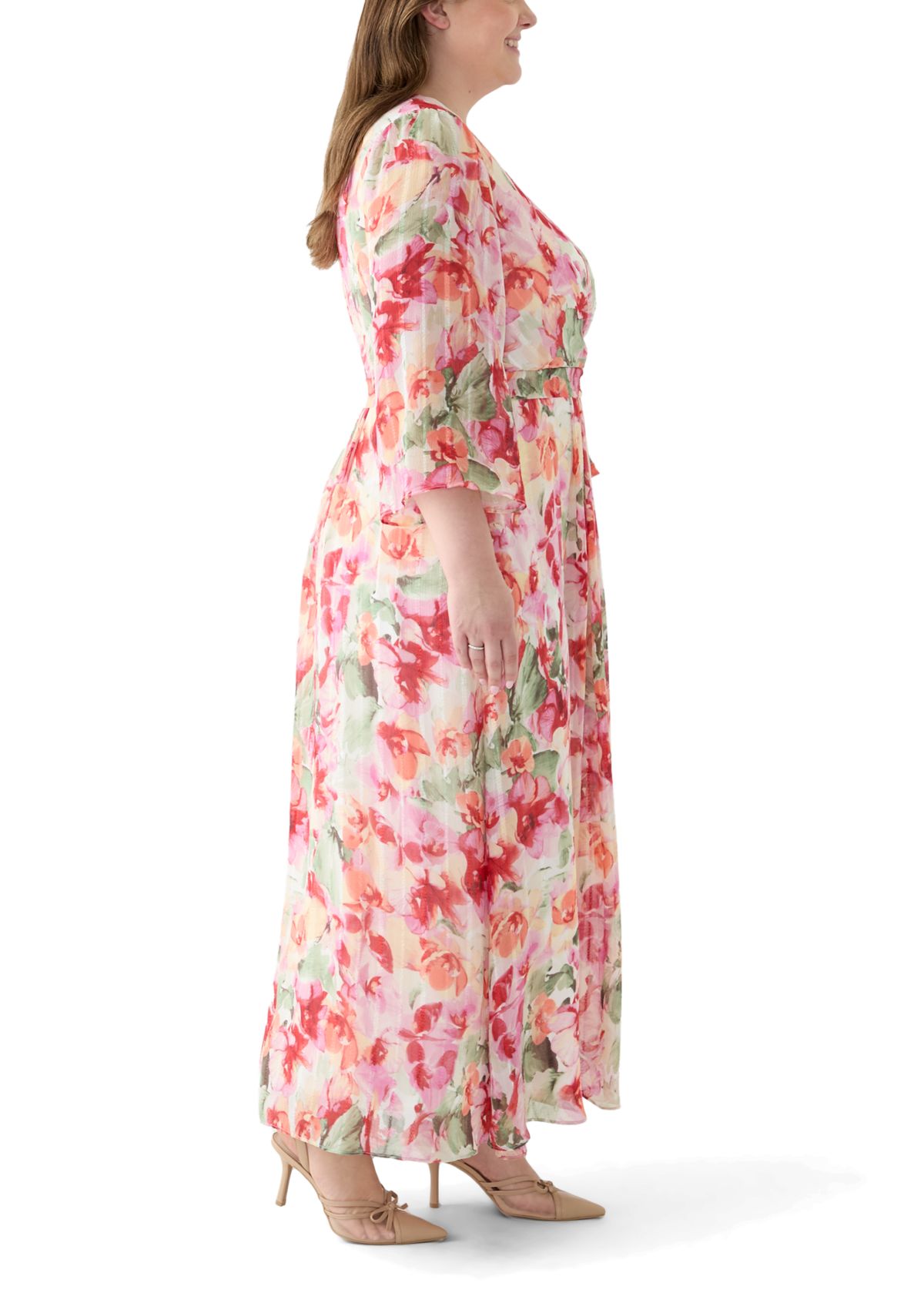 Plus Size Long Sleeve Printed Chiffon Dress