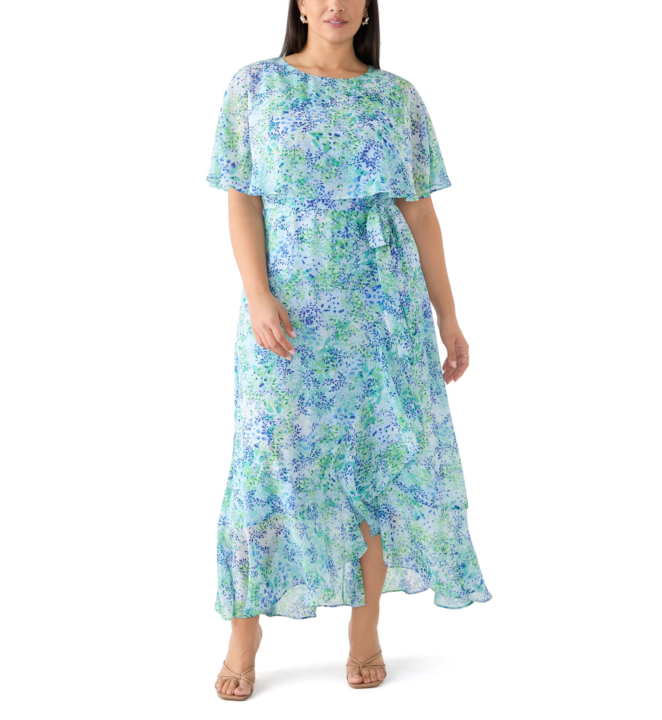 Plus Size Cape Sleeve Floral Maxi Dress