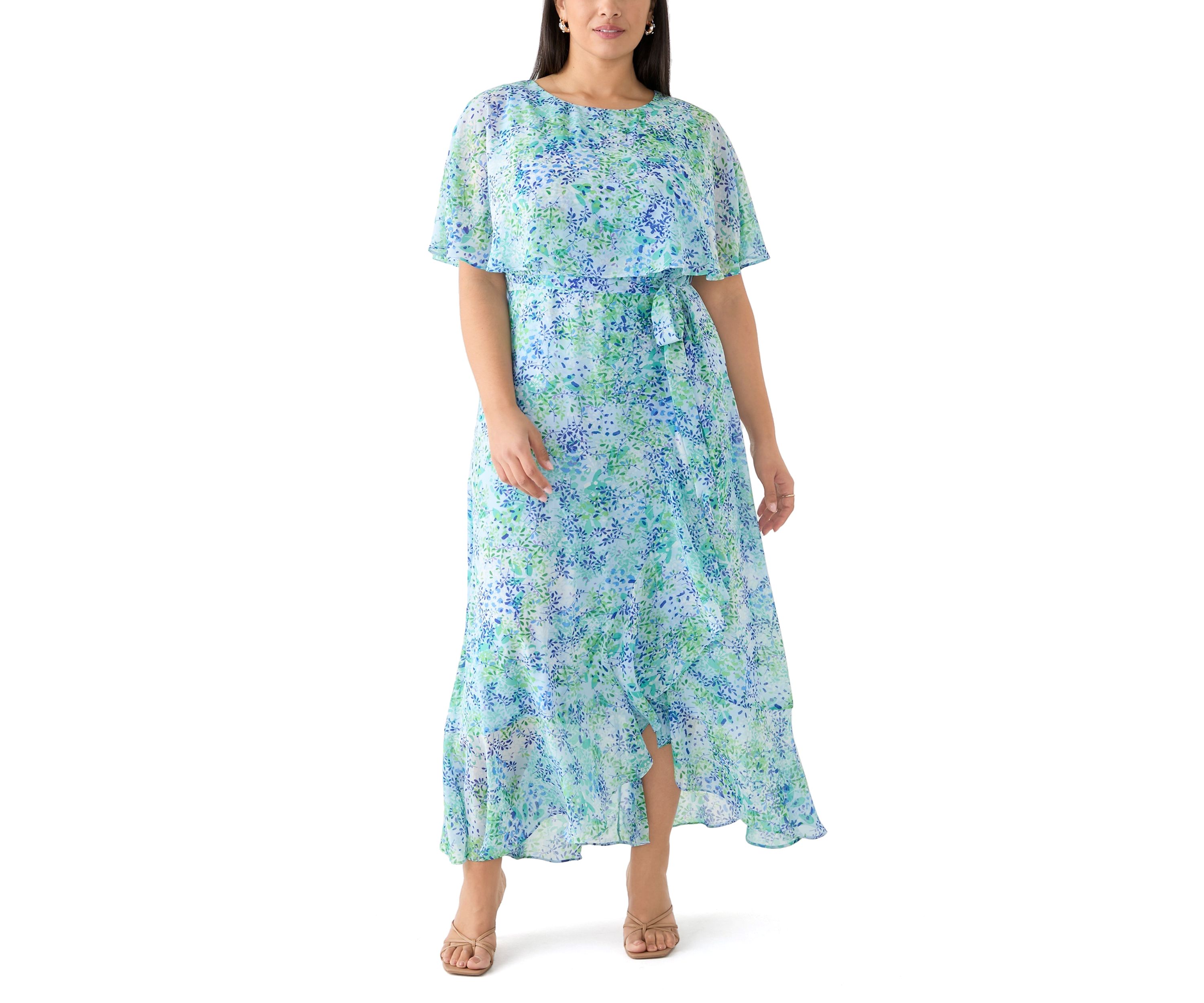 Plus Size Cape Sleeve Floral Maxi Dress