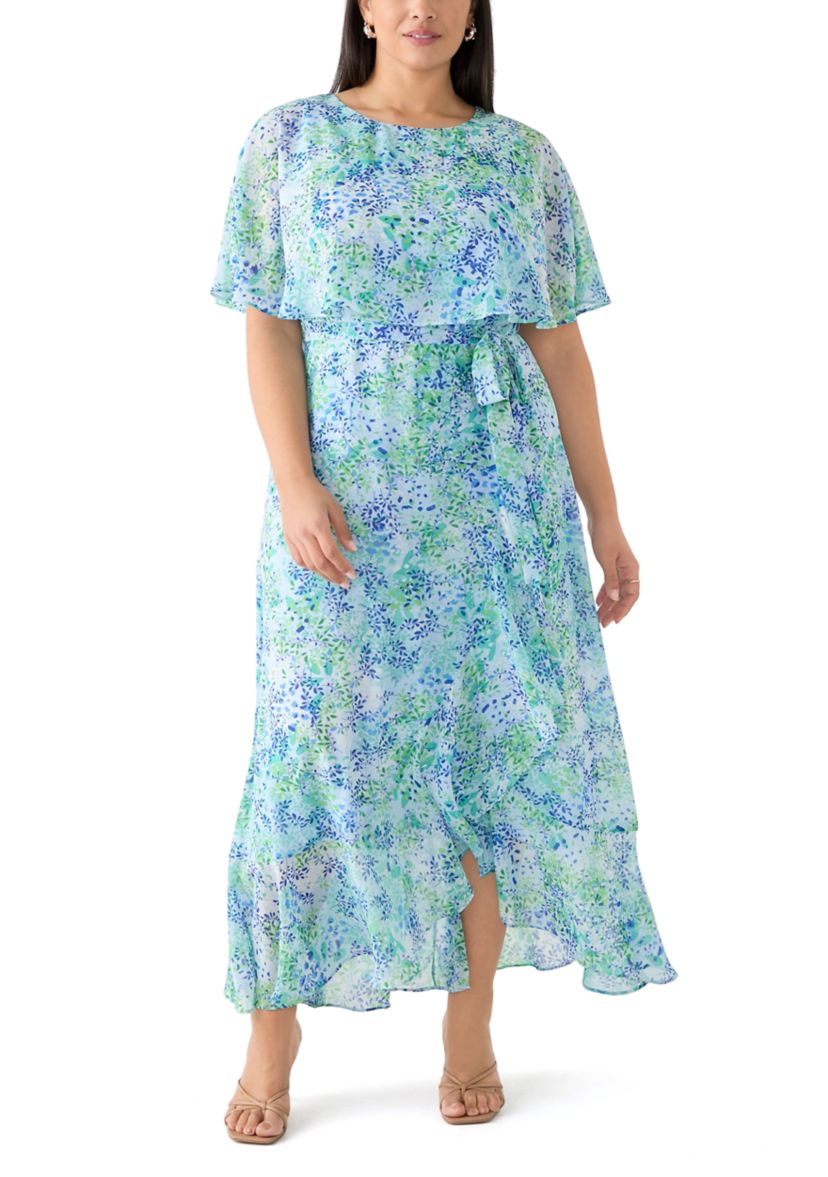 Plus Size Cape Sleeve Floral Maxi Dress