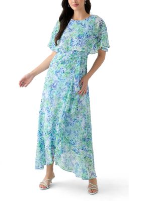 Maison Tara Women's Short Sleeve Crew Neck Floral Print Maxi Dress, Sky Blue, 8