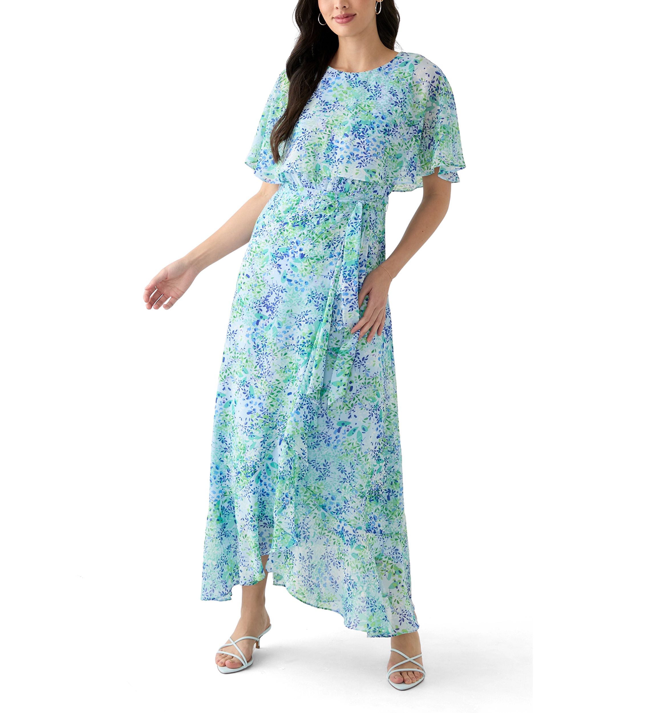 Womens Short Sleeve Crew Neck Floral Print Maxi Dress