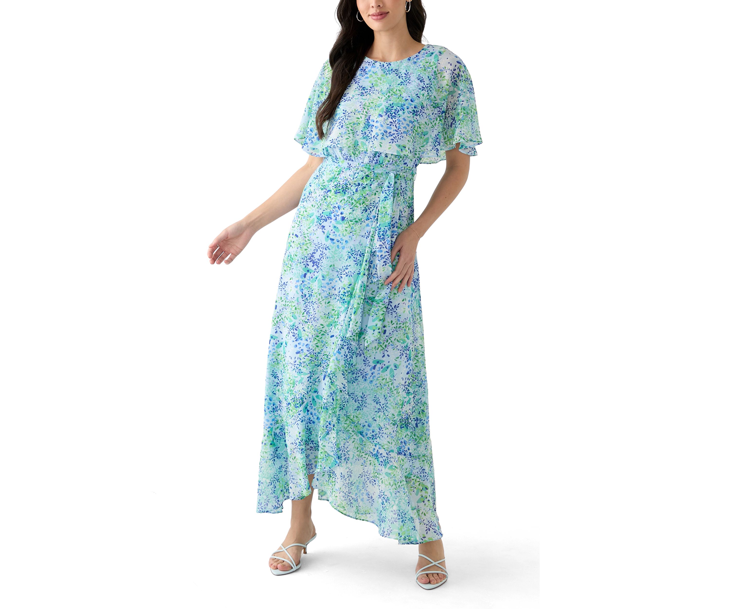 Womens Short Sleeve Crew Neck Floral Print Maxi Dress