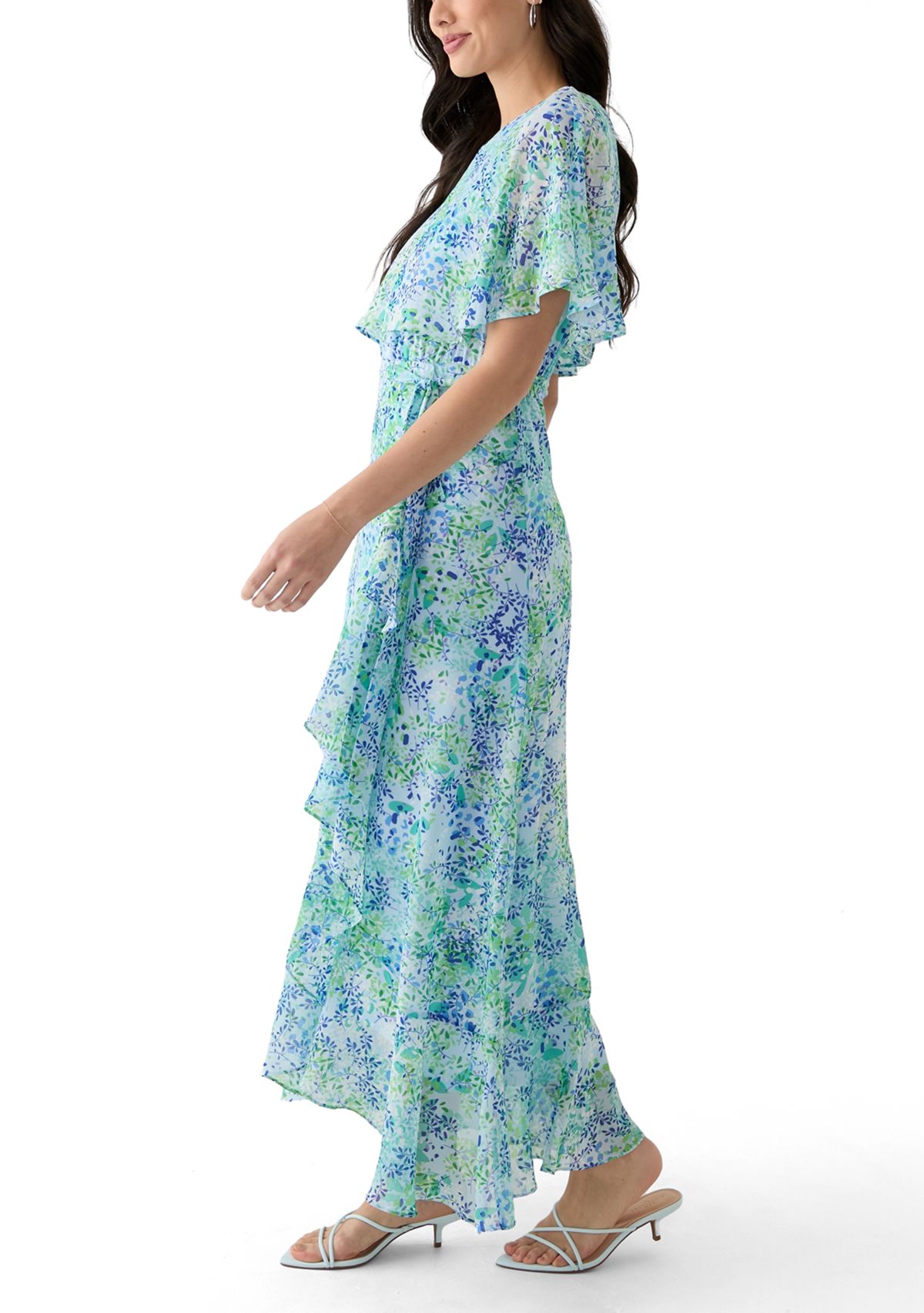 Womens Short Sleeve Crew Neck Floral Print Maxi Dress