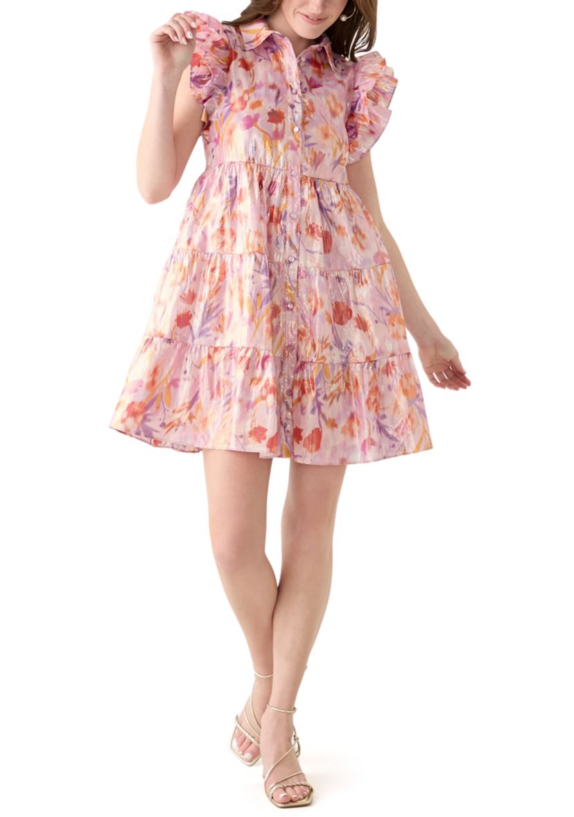 Womens Short Sleeve Collar Floral Print Chiffon Dress