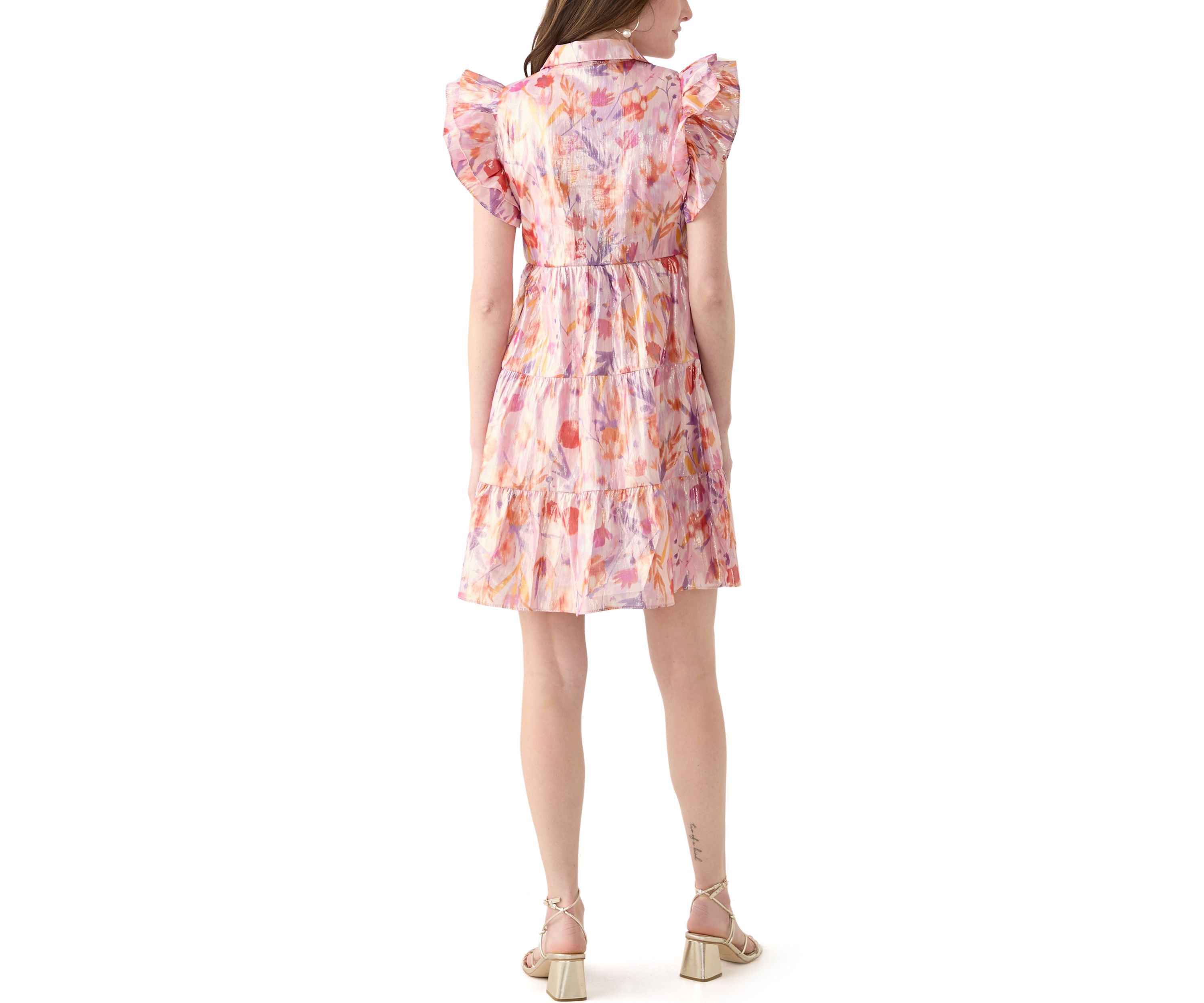 Womens Short Sleeve Collar Floral Print Chiffon Dress