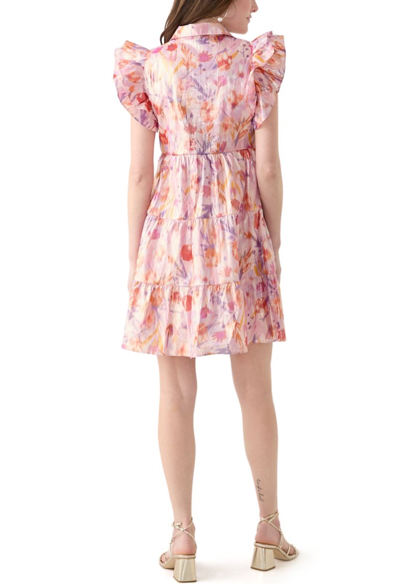Womens Short Sleeve Collar Floral Print Chiffon Dress