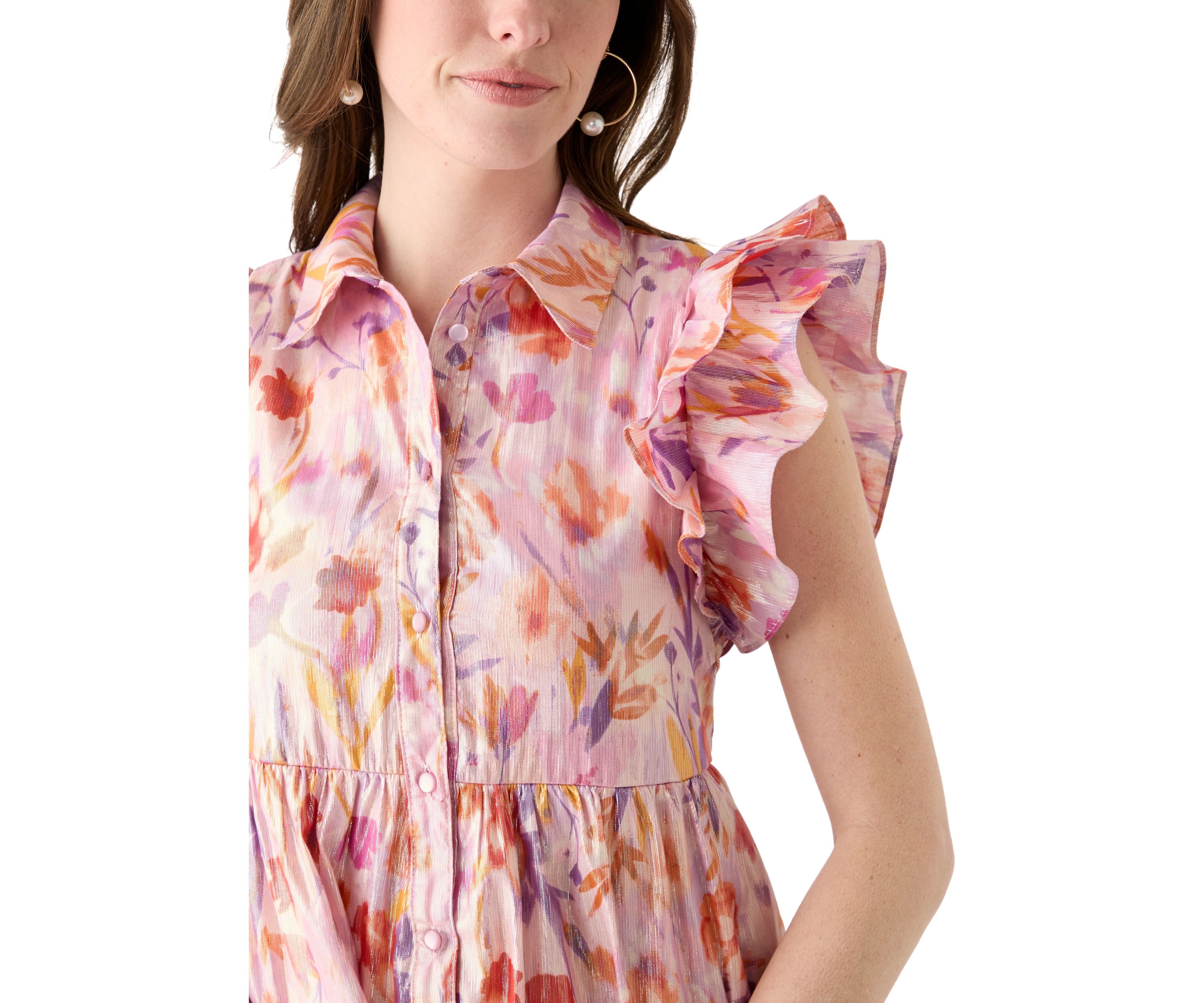 Womens Short Sleeve Collar Floral Print Chiffon Dress