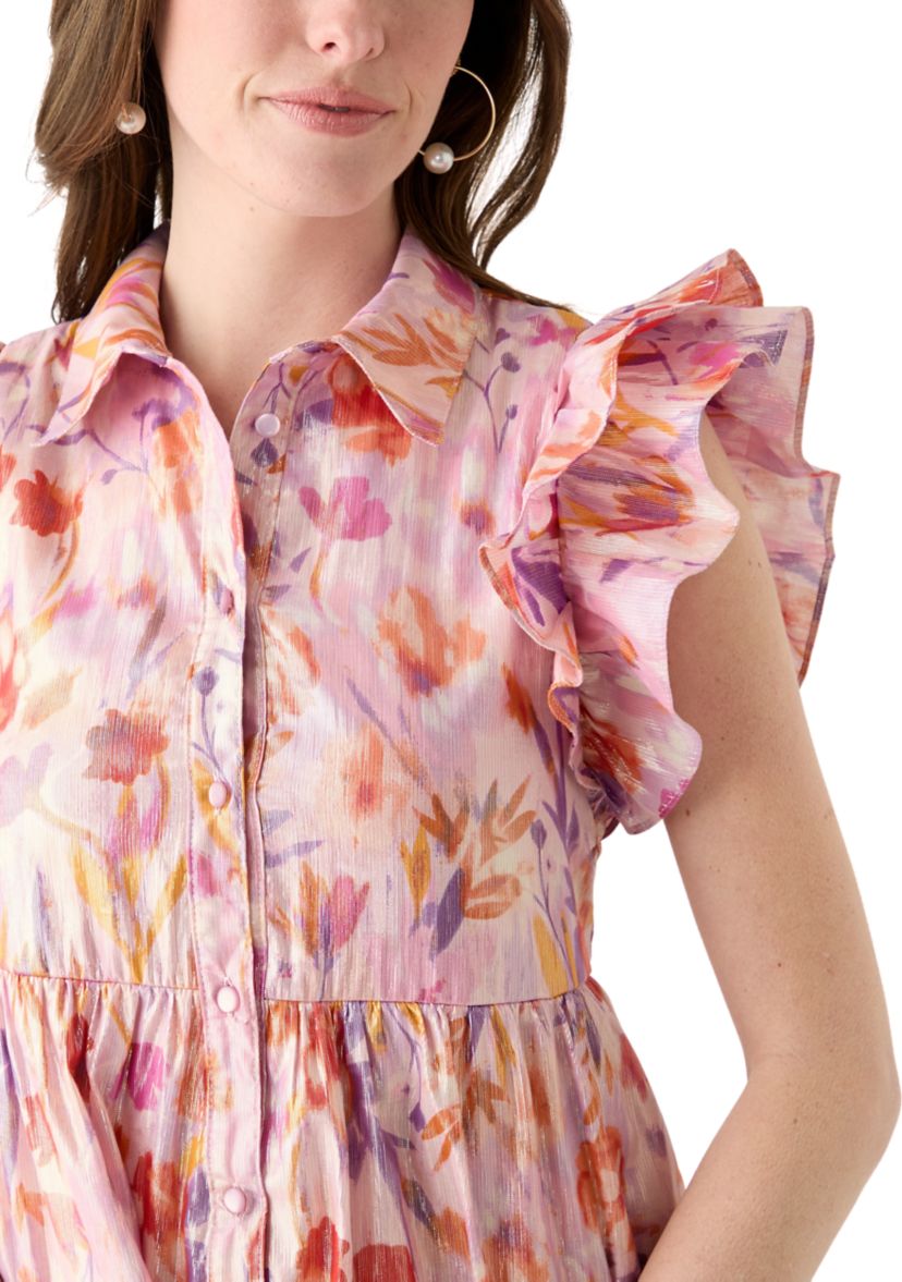 Womens Short Sleeve Collar Floral Print Chiffon Dress