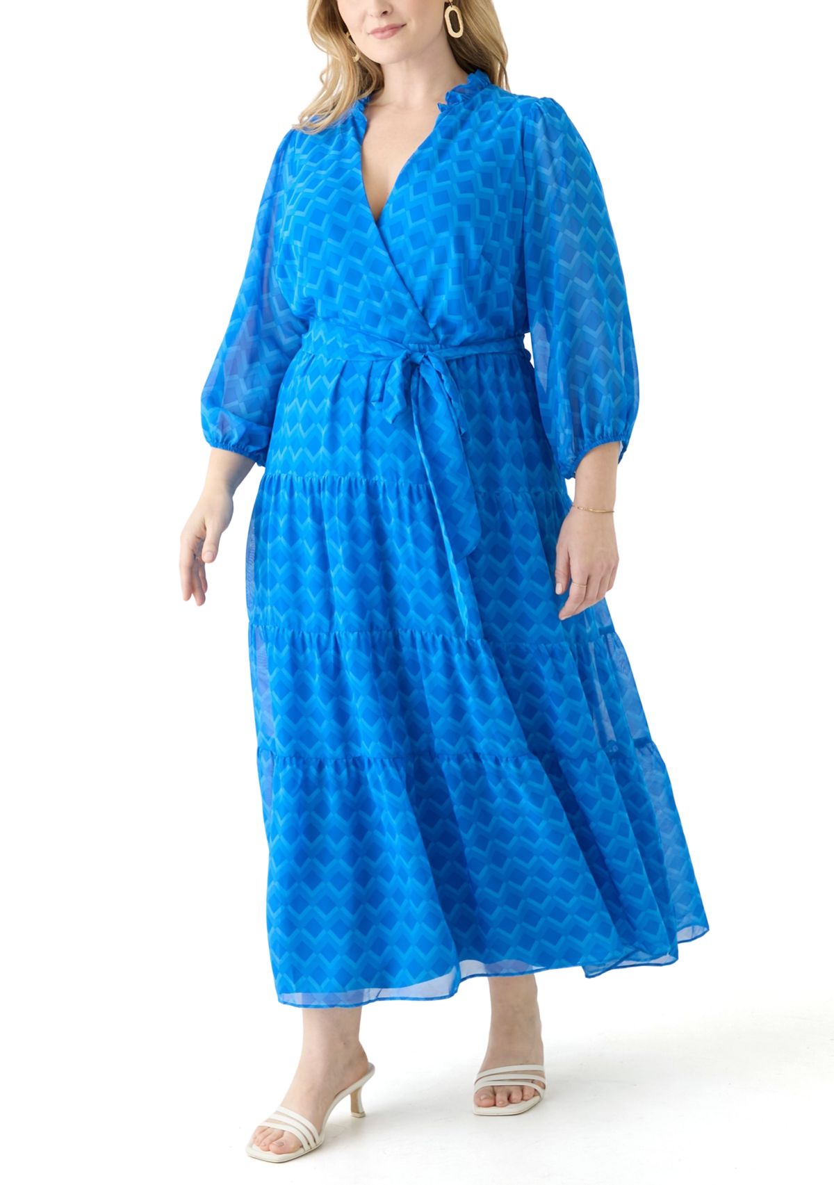 Plus Size Solid V-Neck Tie Waist Dress