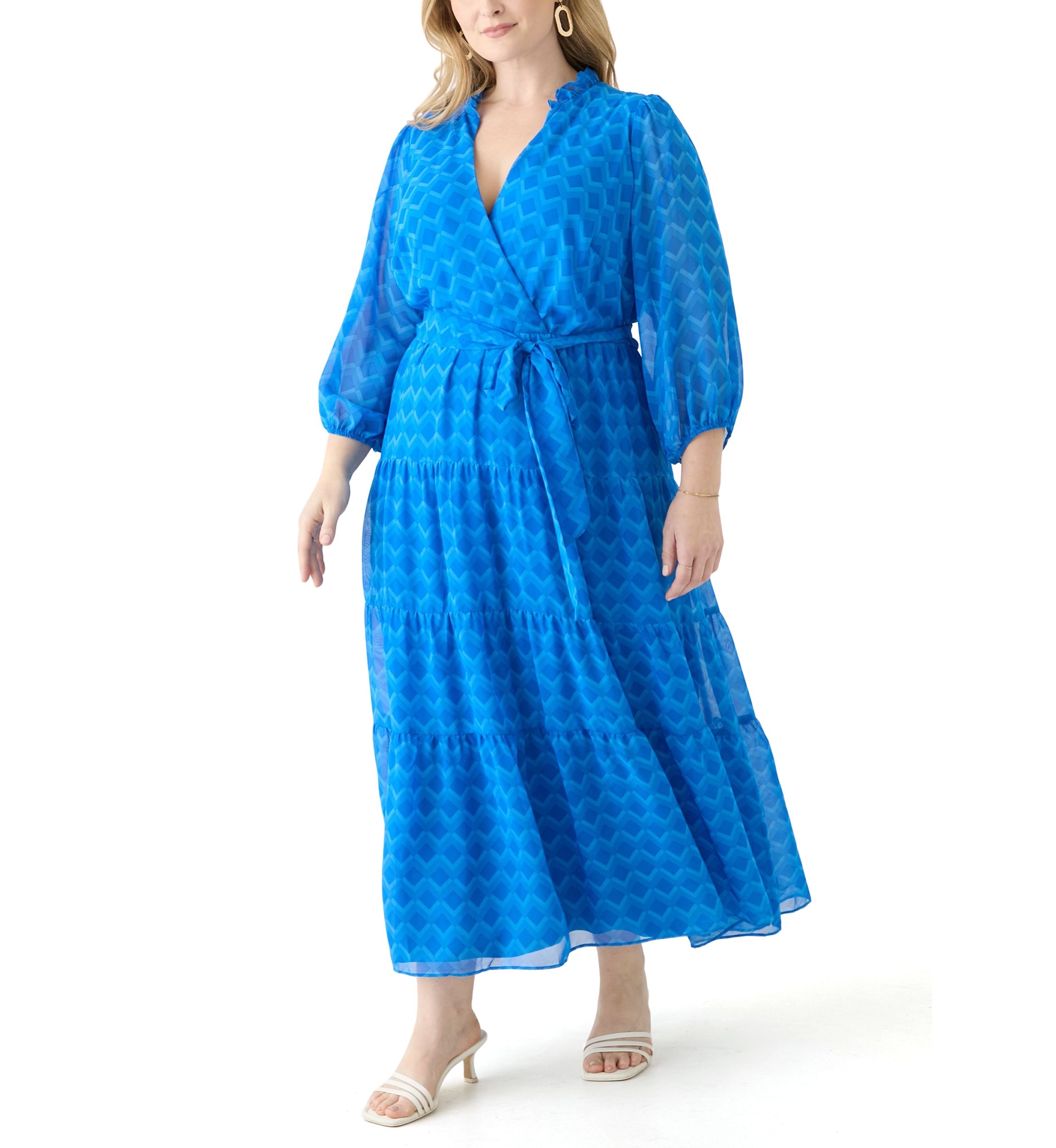 Plus Size Solid V-Neck Tie Waist Dress