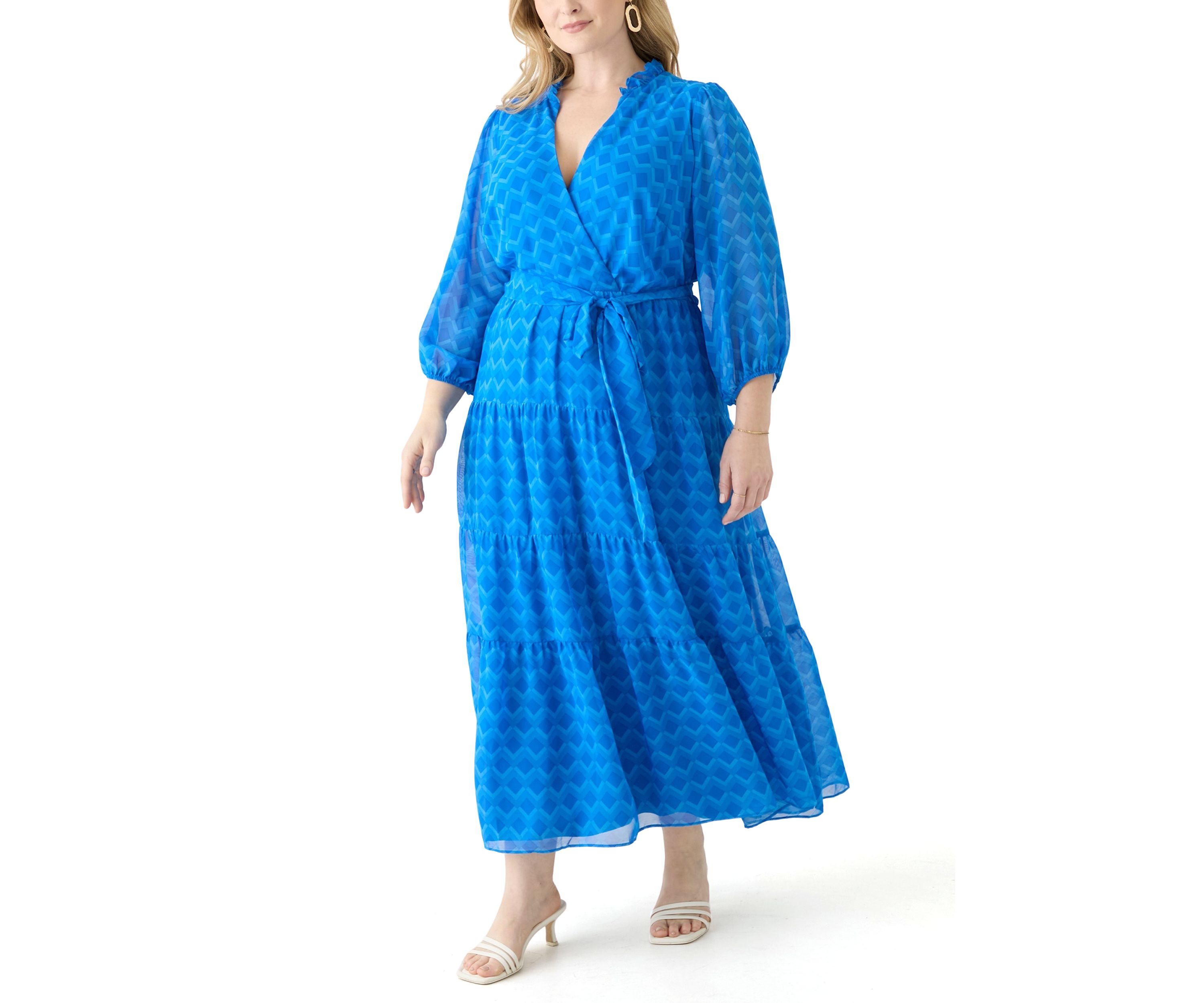 Plus Size Solid V-Neck Tie Waist Dress