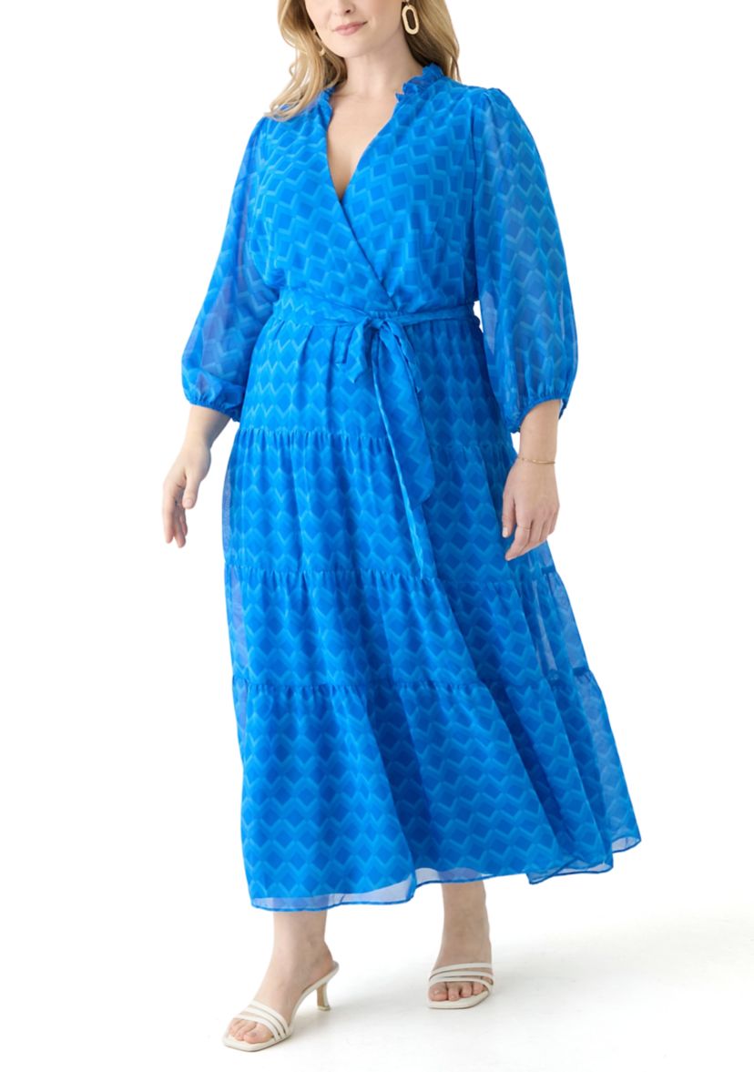 Plus Size Solid V-Neck Tie Waist Dress