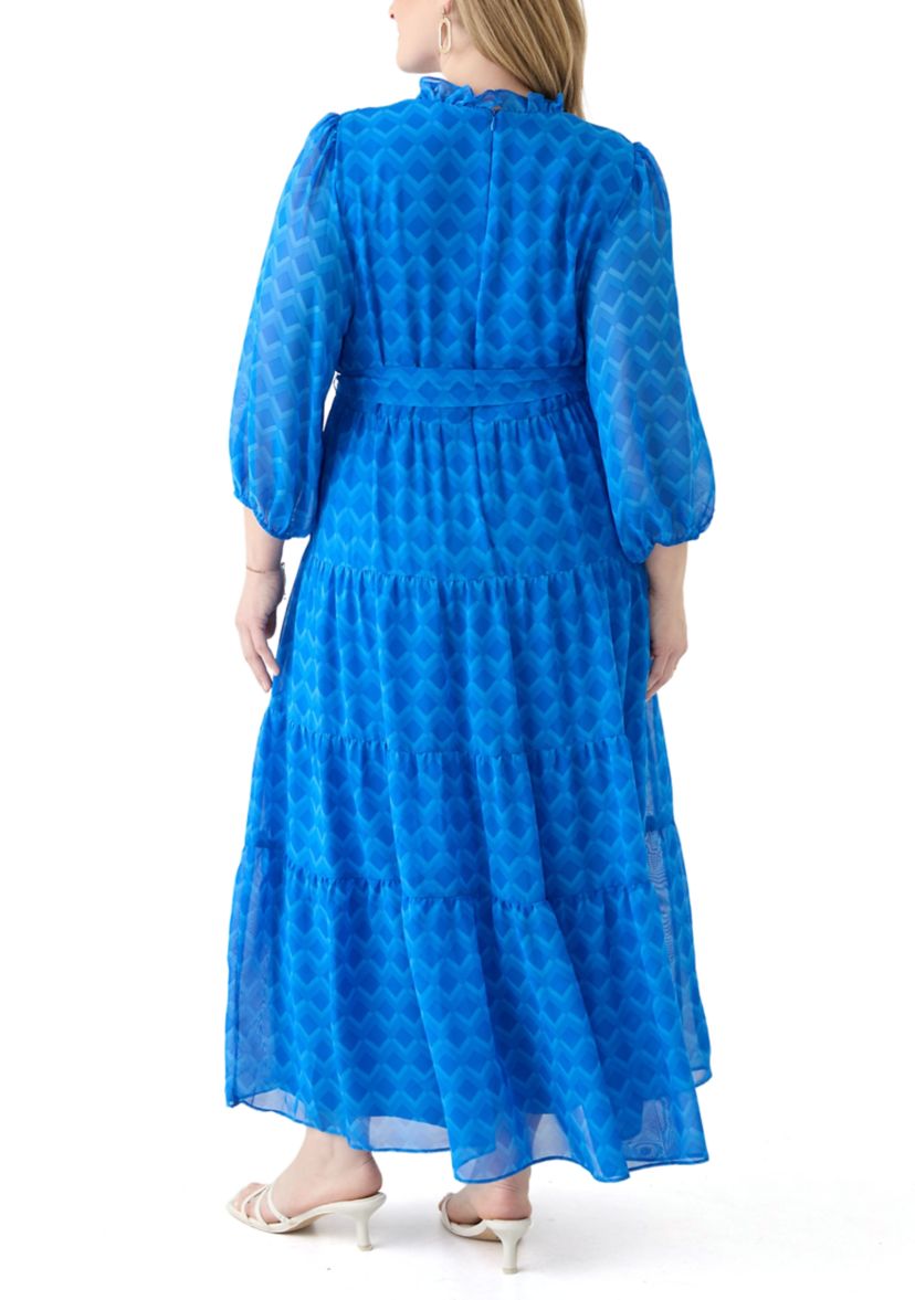 Plus Size Solid V-Neck Tie Waist Dress