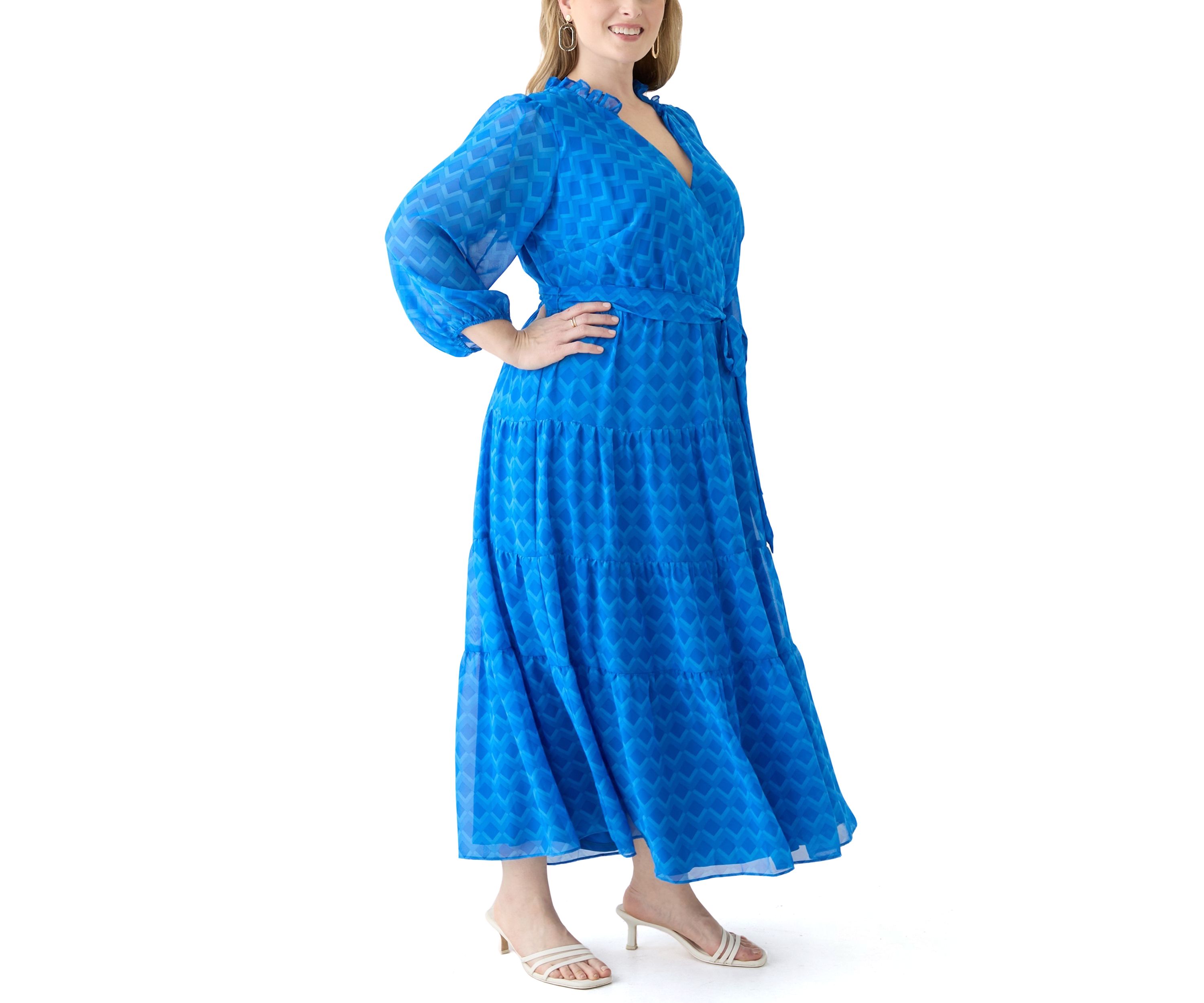 Plus Size Solid V-Neck Tie Waist Dress