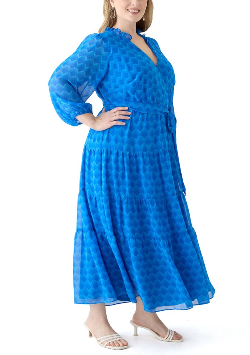 Plus Size Solid V-Neck Tie Waist Dress