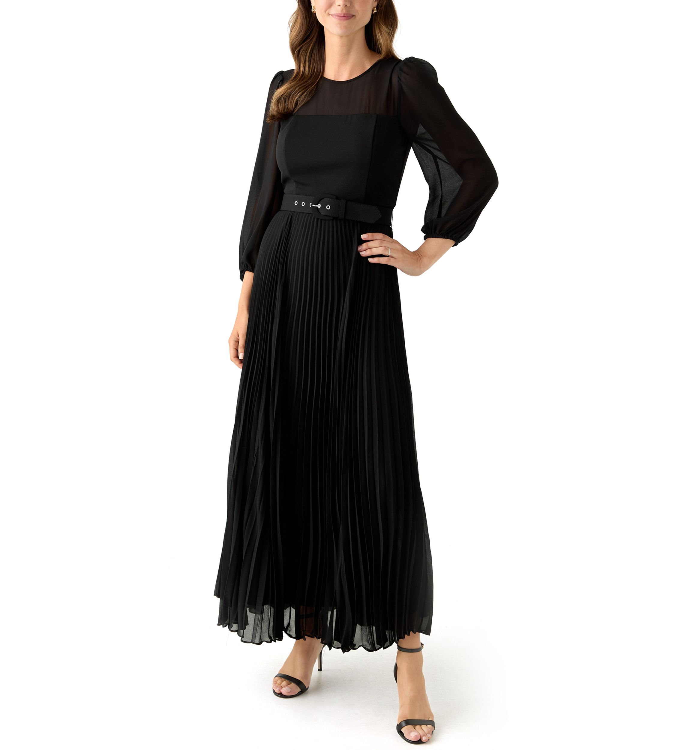 Womens Long Sleeve Belted Chiffon Gown