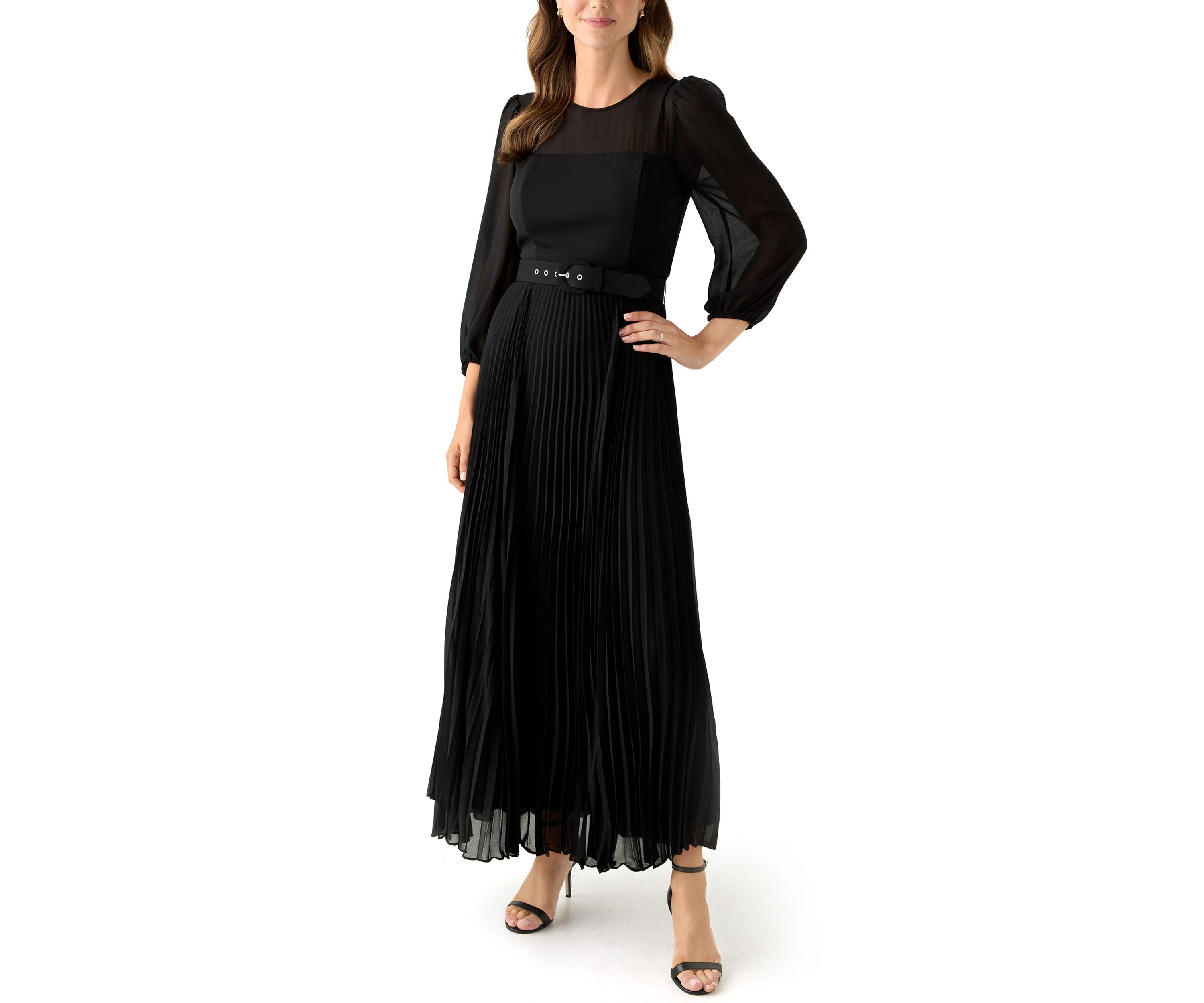 Womens Long Sleeve Belted Chiffon Gown