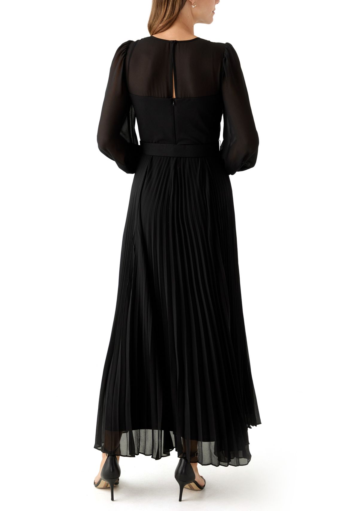 Womens Long Sleeve Belted Chiffon Gown