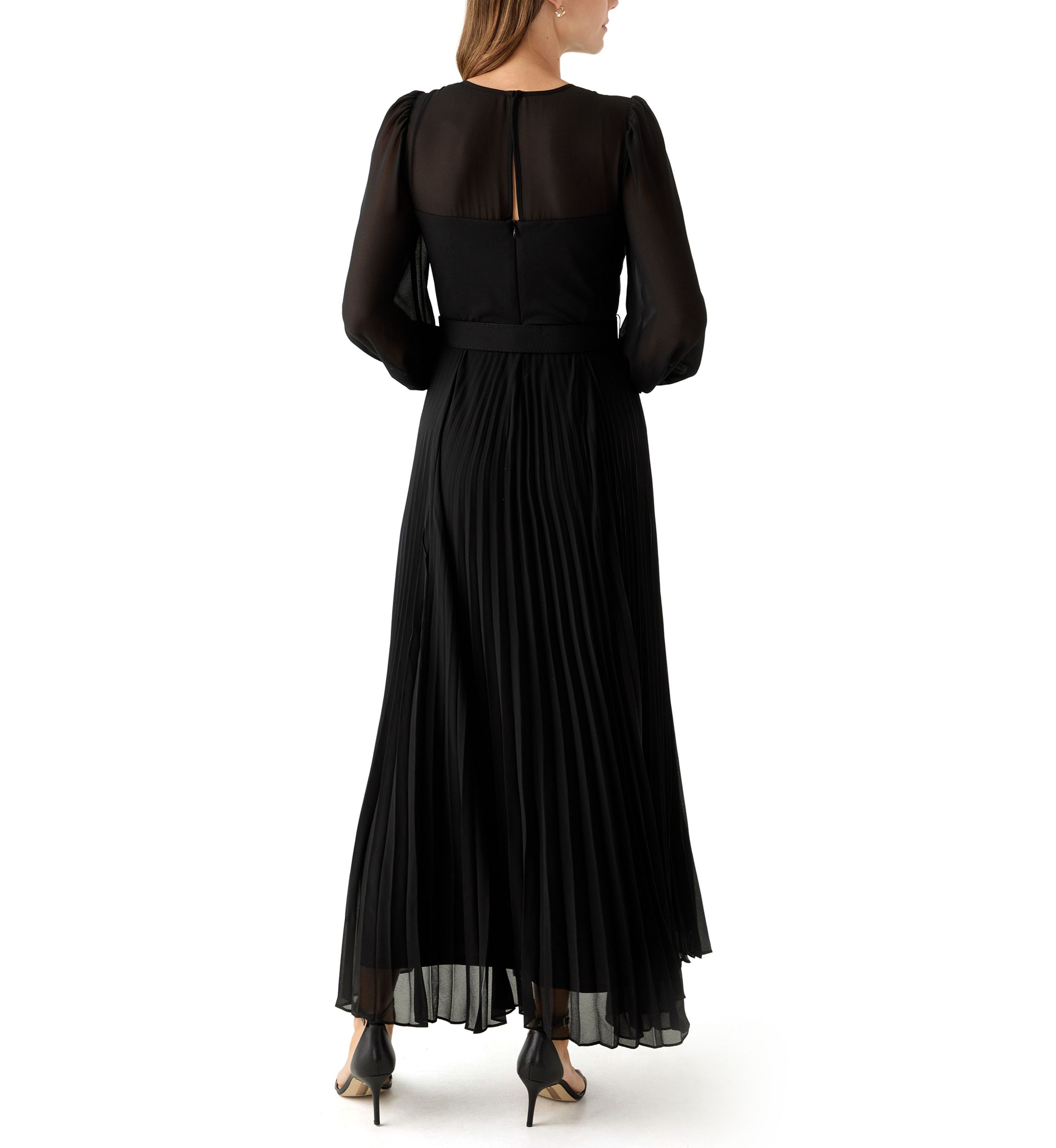 Womens Long Sleeve Belted Chiffon Gown