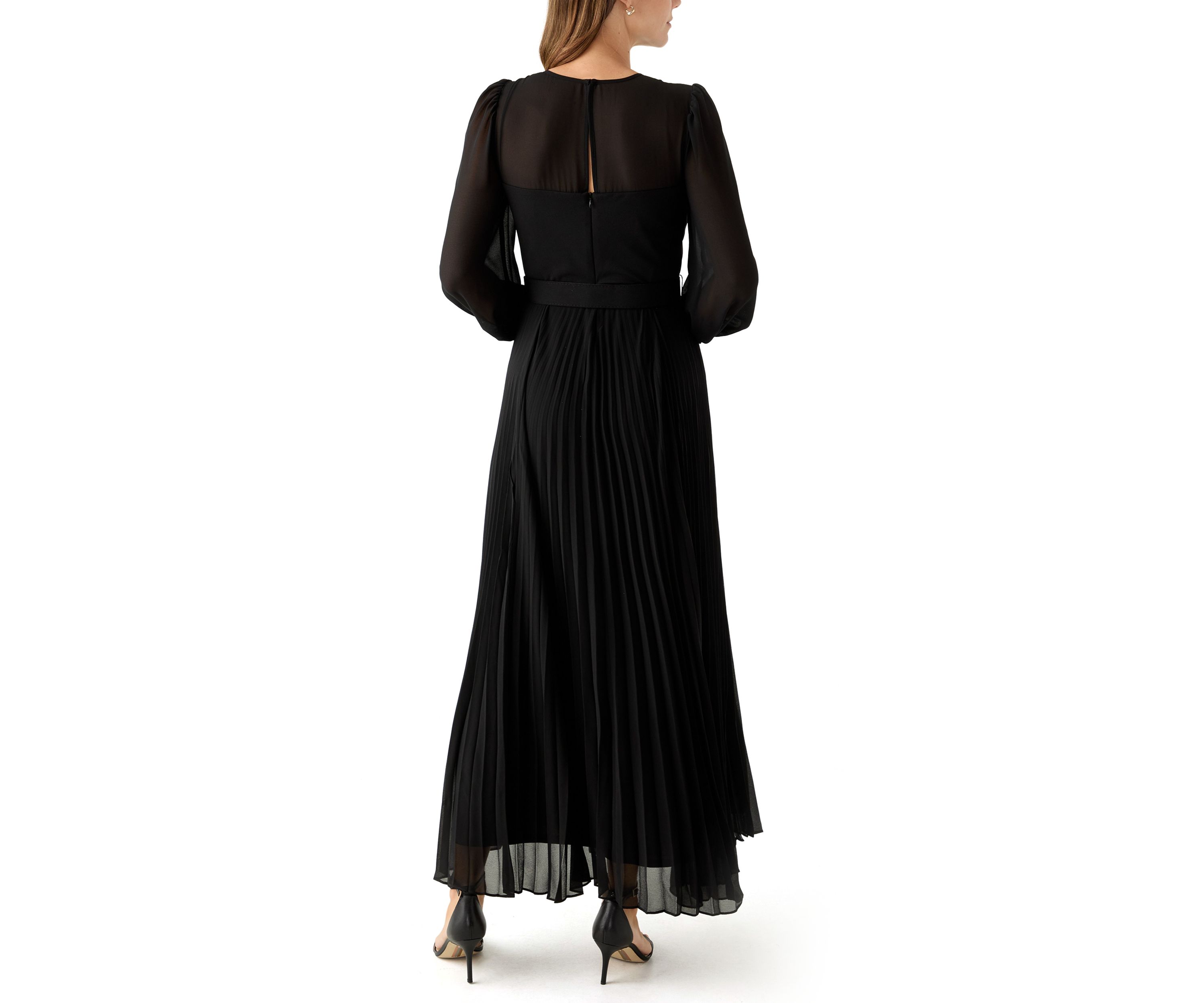 Womens Long Sleeve Belted Chiffon Gown