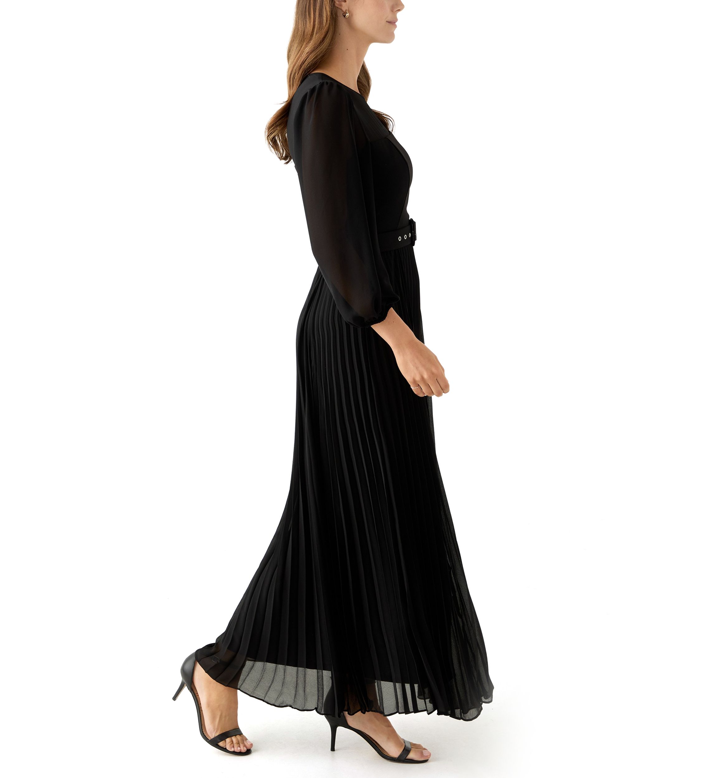 Womens Long Sleeve Belted Chiffon Gown