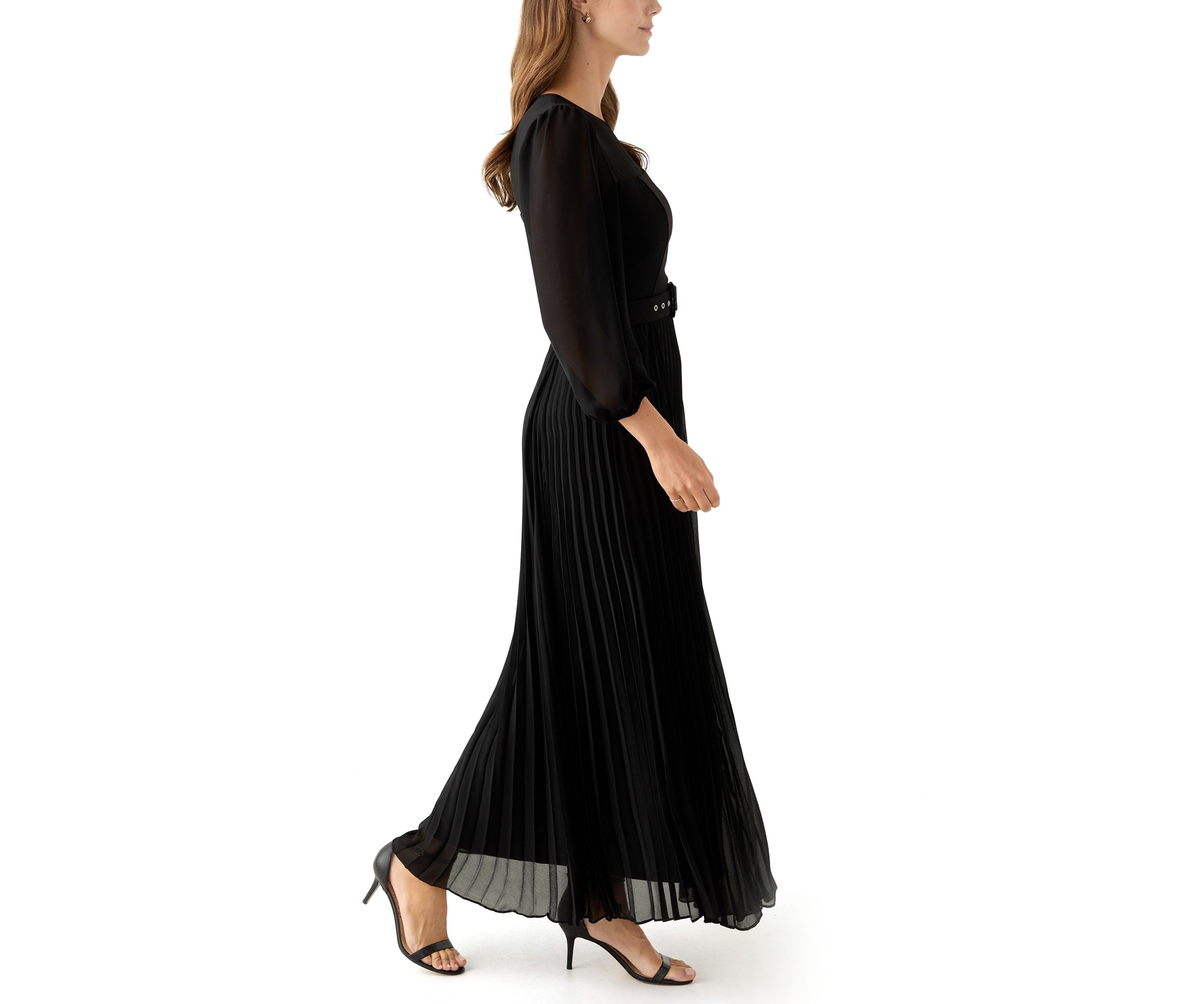 Womens Long Sleeve Belted Chiffon Gown