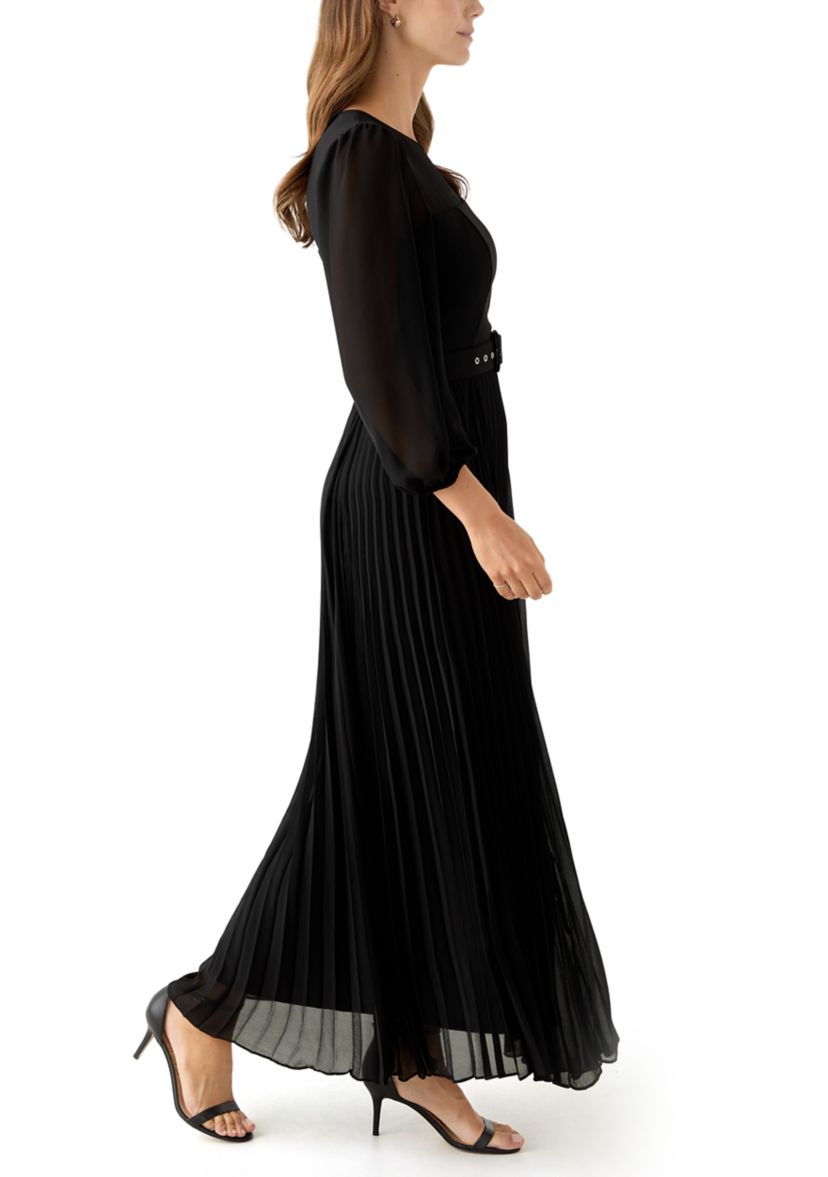 Womens Long Sleeve Belted Chiffon Gown