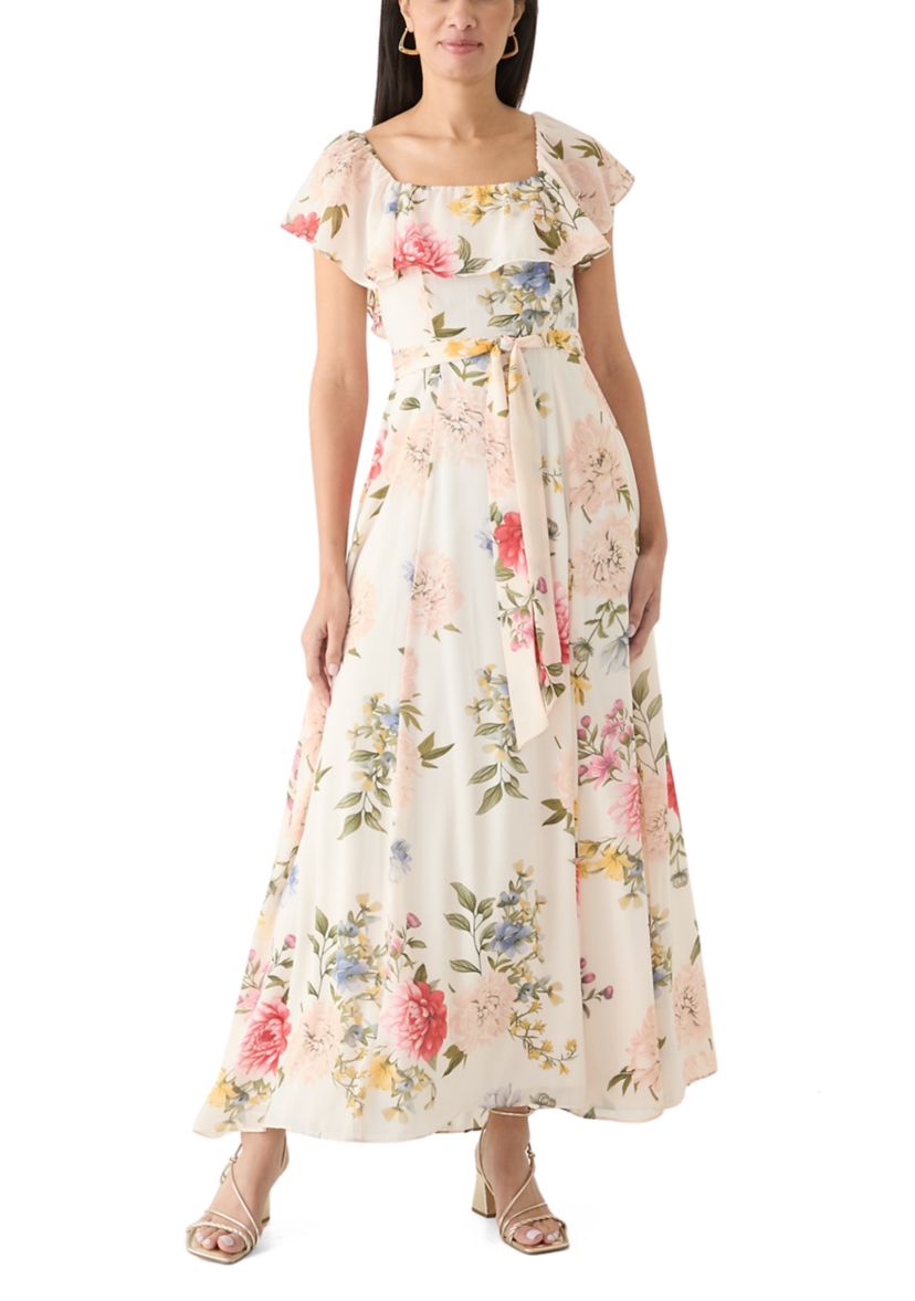 Womens Short Sleeve Square Neck Floral Print Dress